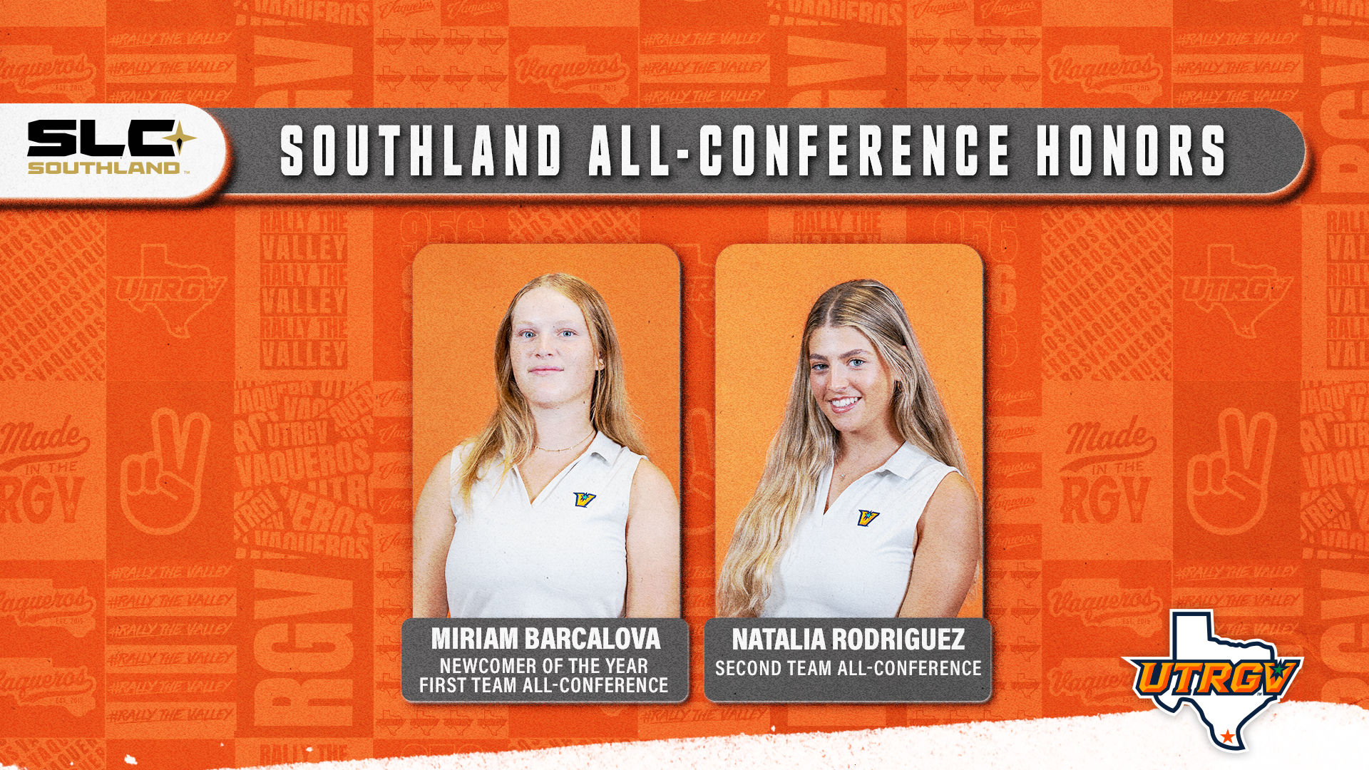 Women's Golf All-Conference Awards Miriam Barcalova Newcomer of the Year and All-Conference First Team Natalia Rodriguez All-Conference Second Team photos of Miriam Barcalova on the left and Natalia Rodriguez on the right