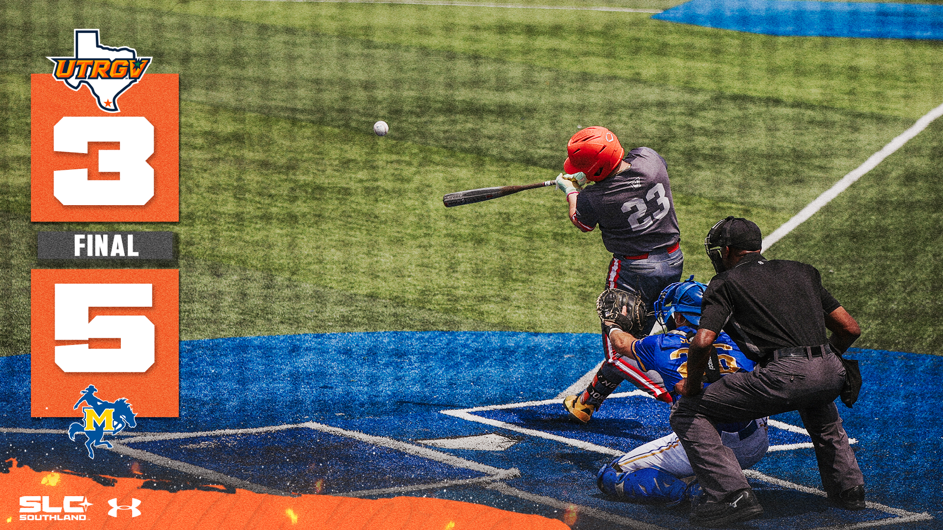 UTRGV over Texas logo 3 FINAL 5 McNeese logo over a picture of Easton Moomau hitting while wearing a gray uniform and orange helmet