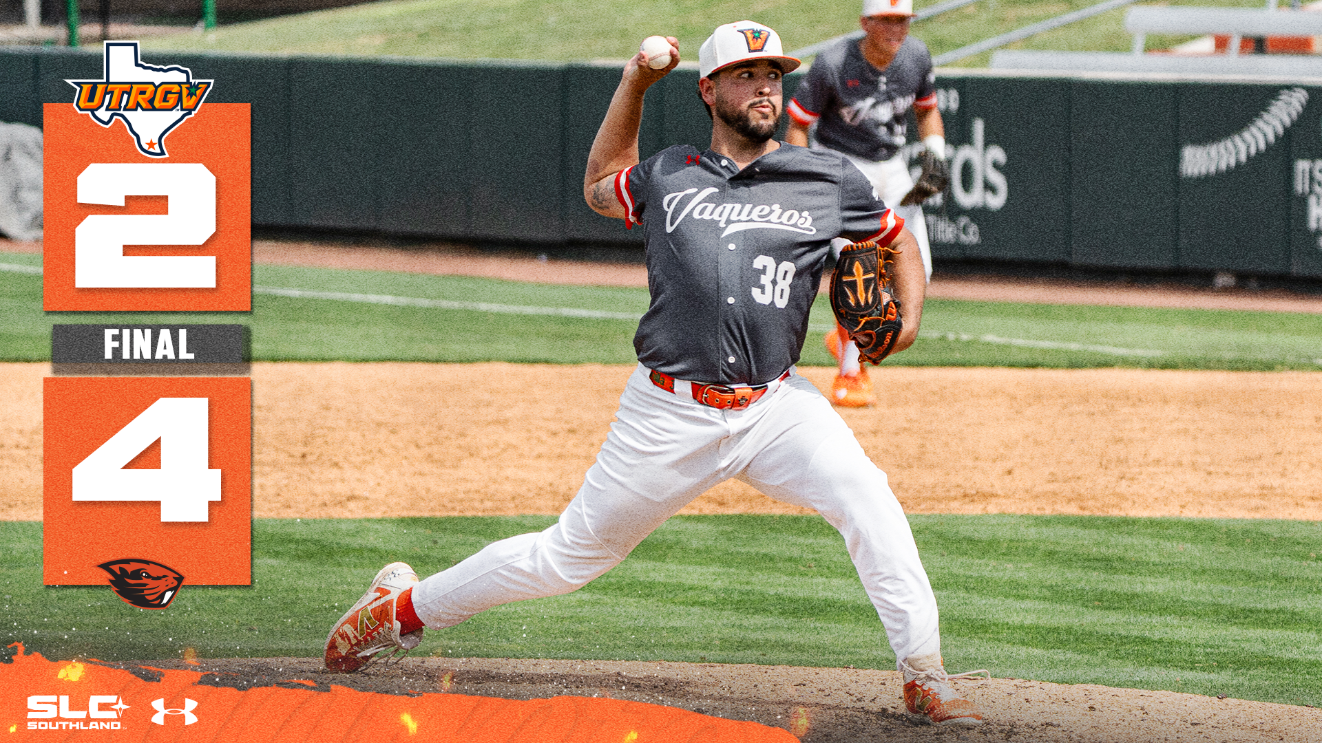 UTRGV over Texas logo 2 FINAL 4 Oregeon State logo over a picture of Robert Bonilla pitching while wearing a gray uniform