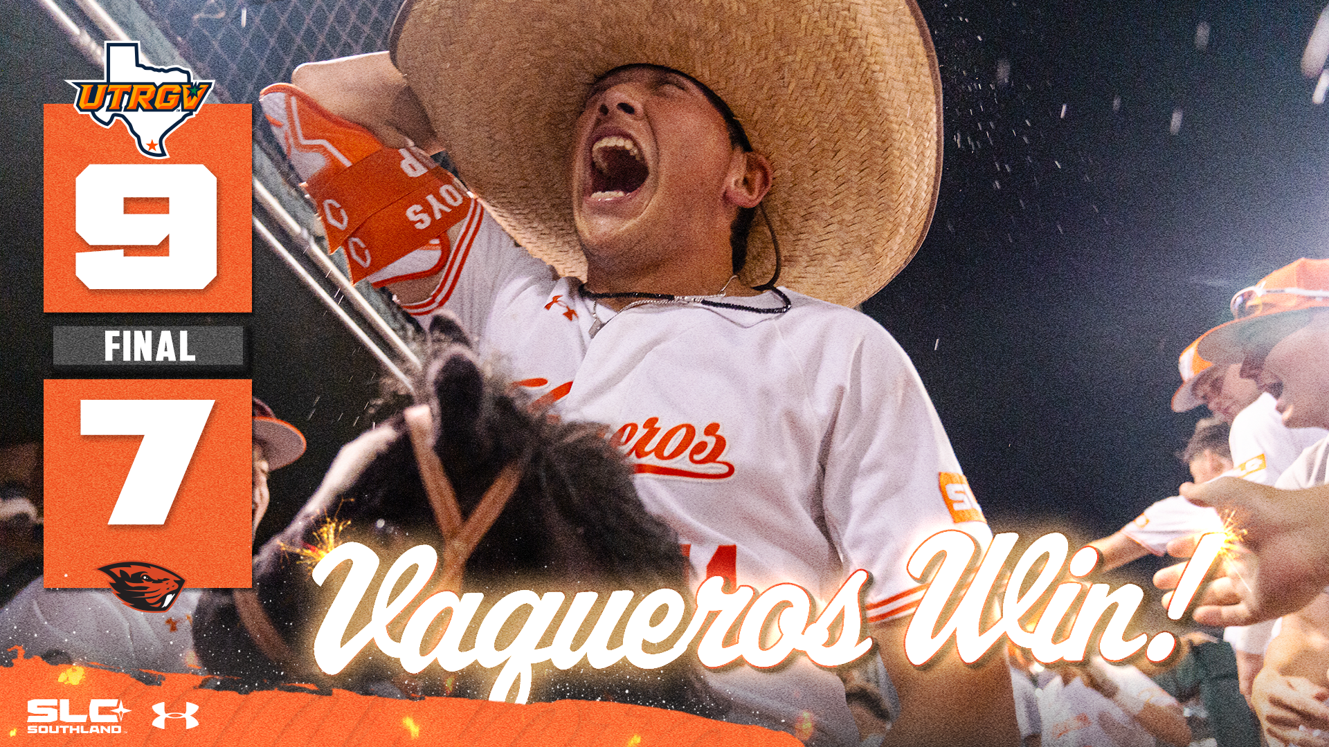 UTRGV over Texas logo 9 FINAL 7 Oregeon State logo over a picture of Armani Raygoza in a white uniform and fiesta hat celebrating in the dugout while riding a pretend horse