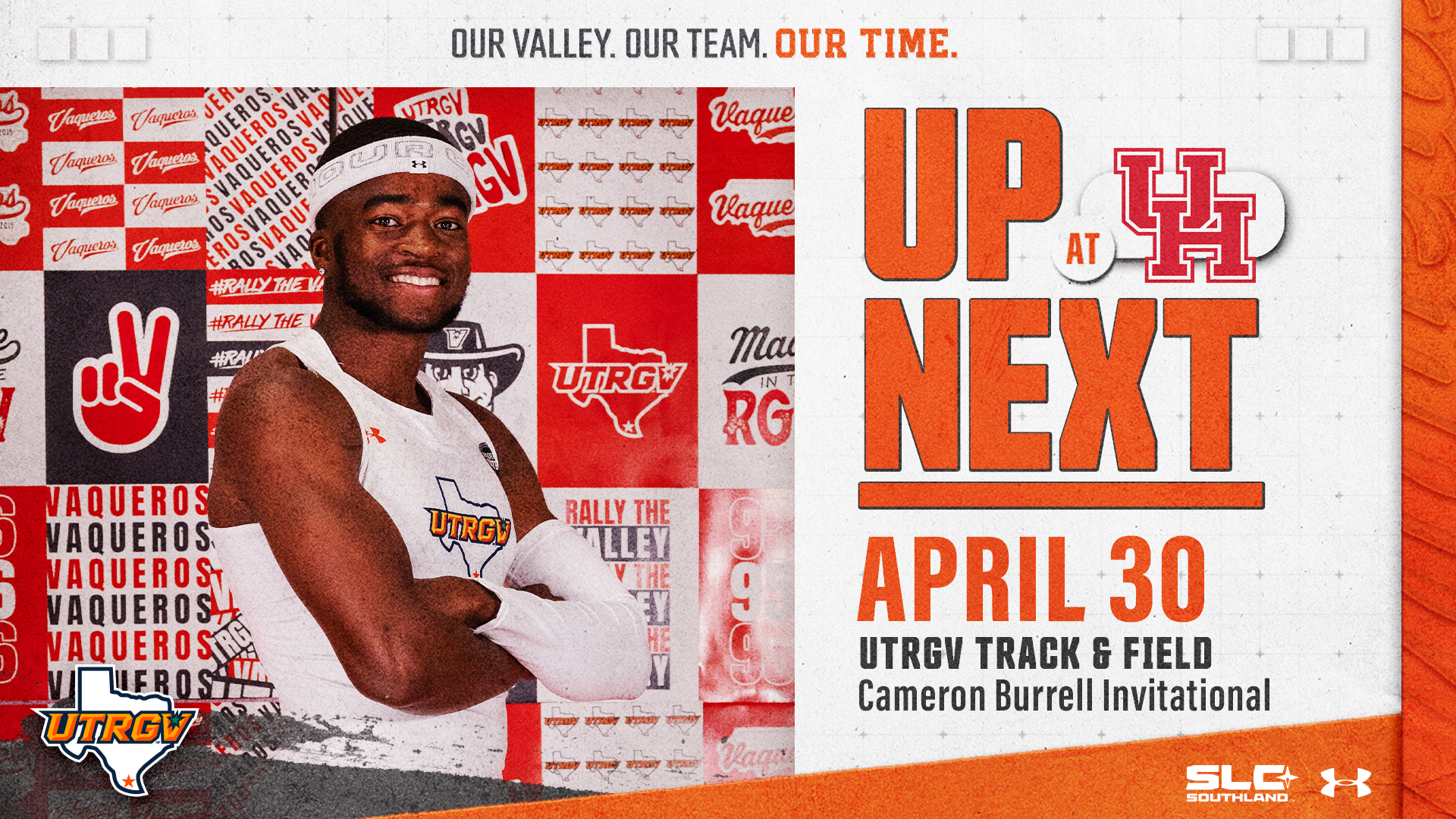 Image is a graphic with a photo of Derrius Henry on the left and words on the right that read Up Next UTRGV Track & Field at Cameron Burrell Invitational April 30 with the Houston logo and the UTRGV over Texas logo