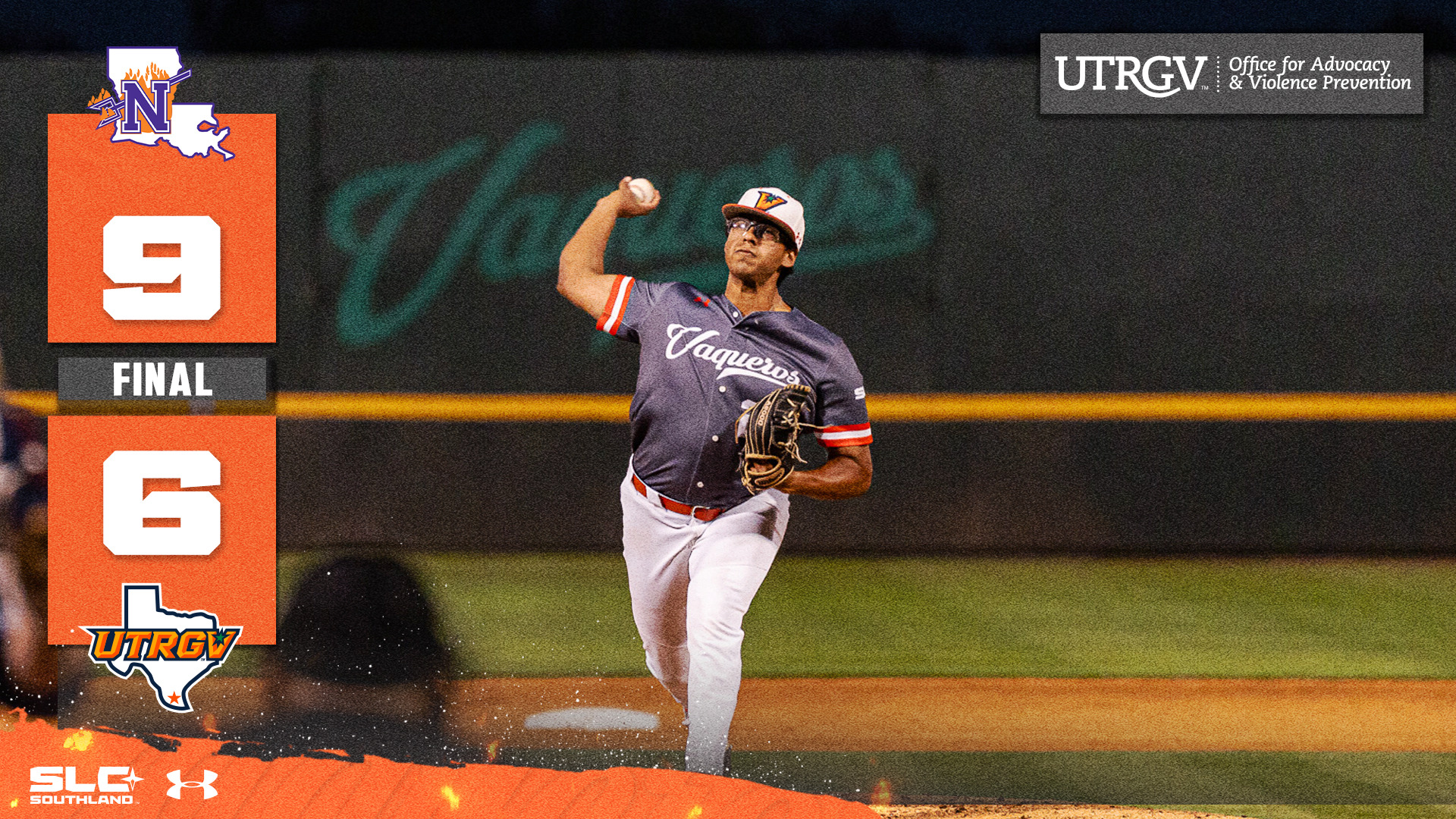 Image is a graphic with a photo of Aaronn Sanchez with text on the left that reads Final Northwestern State 9 UTRGV 6