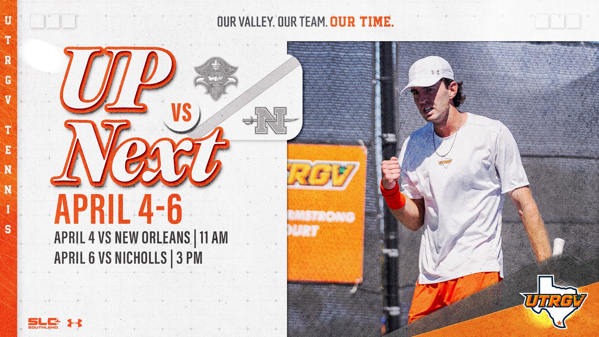 Image on Right: Sam Whitehead, Info on Left: UTRGV Men's Tennis | Up Next | April 4 vs. New Orleans - 11 a.m. | April 6 vs. Nicholls - 3 pm