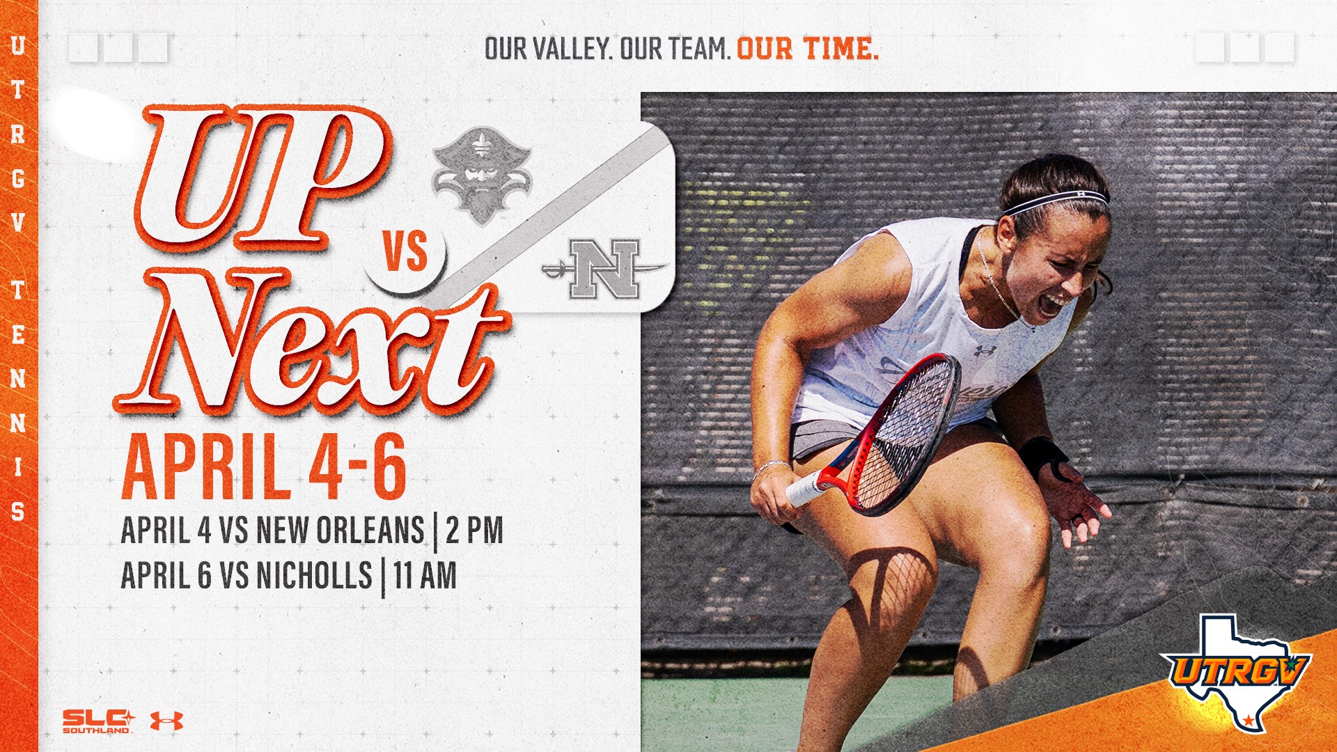 Image on Right: Barbara Martinez, Info on Left: UTRGV Women's Tennis | Up Next | April 4 vs. New Orleans - 2 p.m. | April 6 vs. Nicholls - 11 a.m.