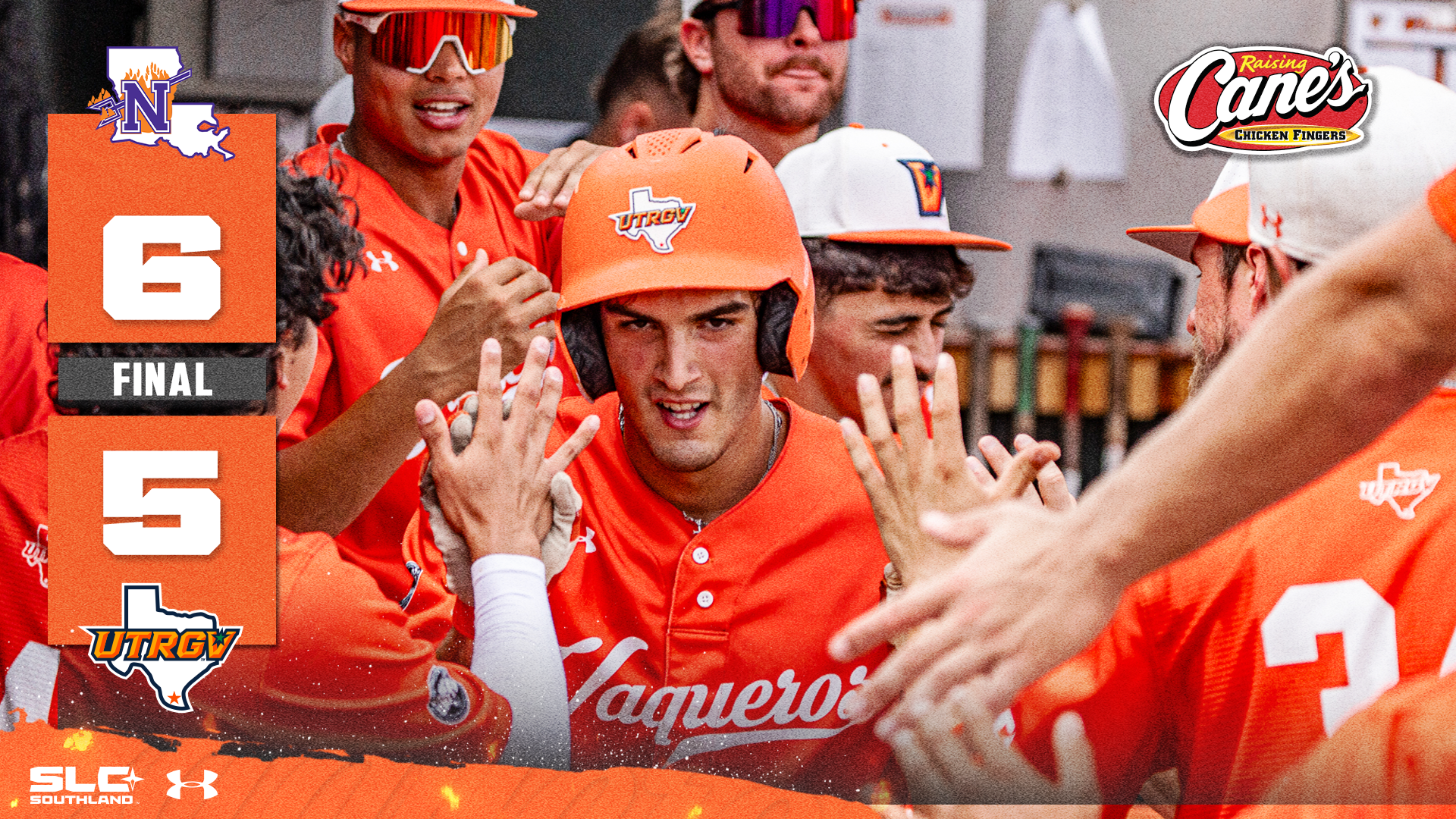 Image is a graphic with a photo of Andy Chapa with text on the left that reads Final Northwestern State 6 UTRGV 5
