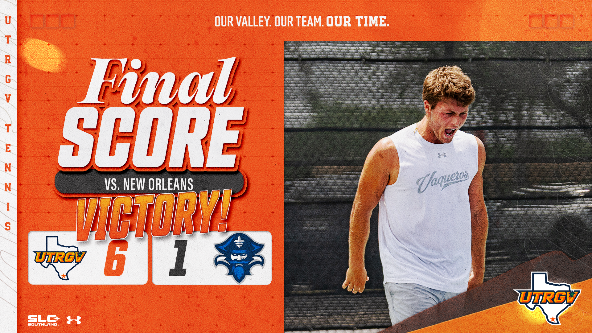 Image on Right: Ivo Isqueiro, Info on Left: UTRGV Men's Tennis | Victory | UTRGV 6, New Orleans 1