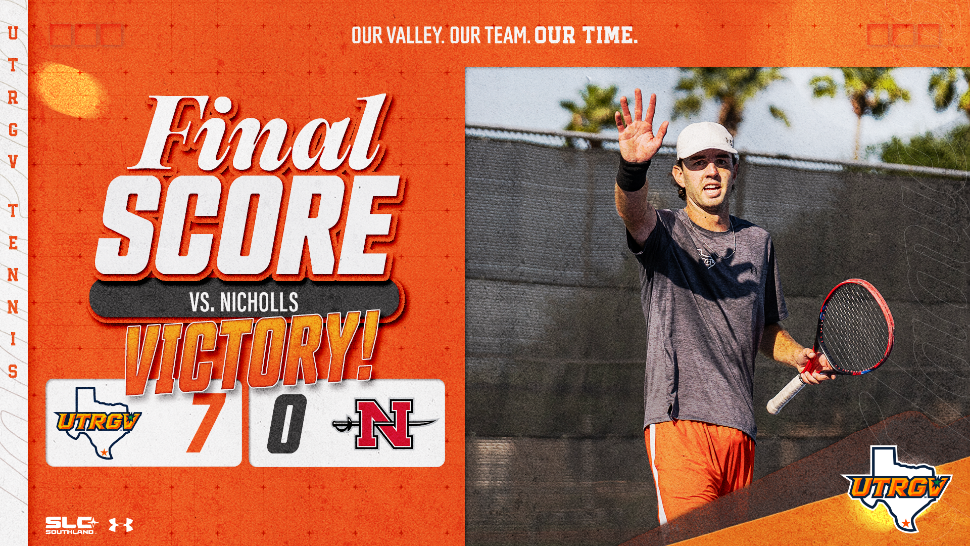 Image on Right: Sam Whitehead, Info on Left: UTRGV Men's Tennis | Victory | UTRGV 7, Nicholls 0