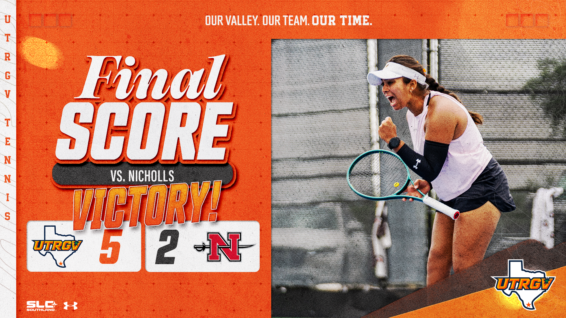 Image on Right: Rhea Makesar, Info on Left: UTRGV Women's Tennis | Victory | UTRGV 5, Nicholls 2