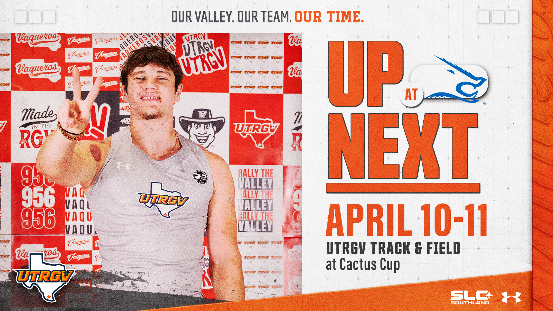 Image is a graphic with a photo of UTRGV Track & Field thrower Matic Vidmar on the left and info on the right that says Up next at Cactus Cup April 10-11 with the Texas A&M-Kingsville logo and the UTRGV logo