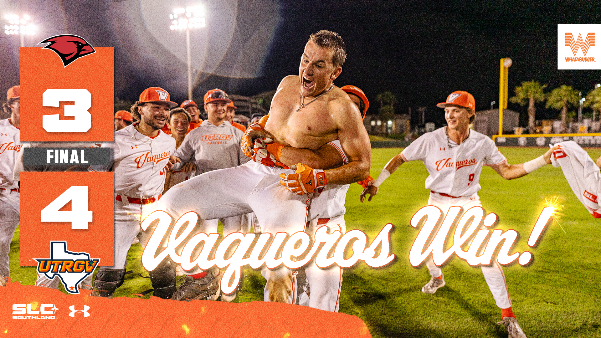 UIW Logo 3 Final 4 UTRGV Logo Vaqueros Win! over photo of the Vaqueros celebrating the win with a shirtless Evan Janner in the front of the group