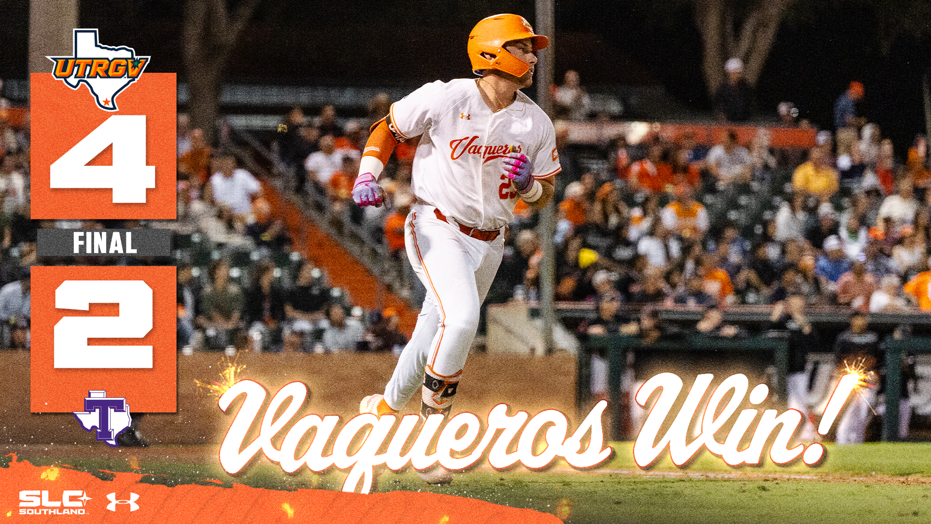 UTRGV over Texas logo 4 FINAL 2 Tarleton State logo with text saying Vaqueros Win! over a picture of Easton Moomau trotting from home to first