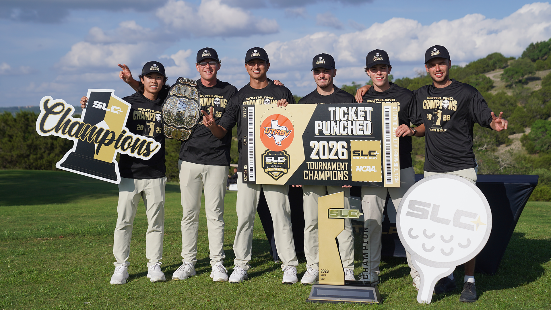 Men's Golf With SLC Trophy and Ticket Punched Sign