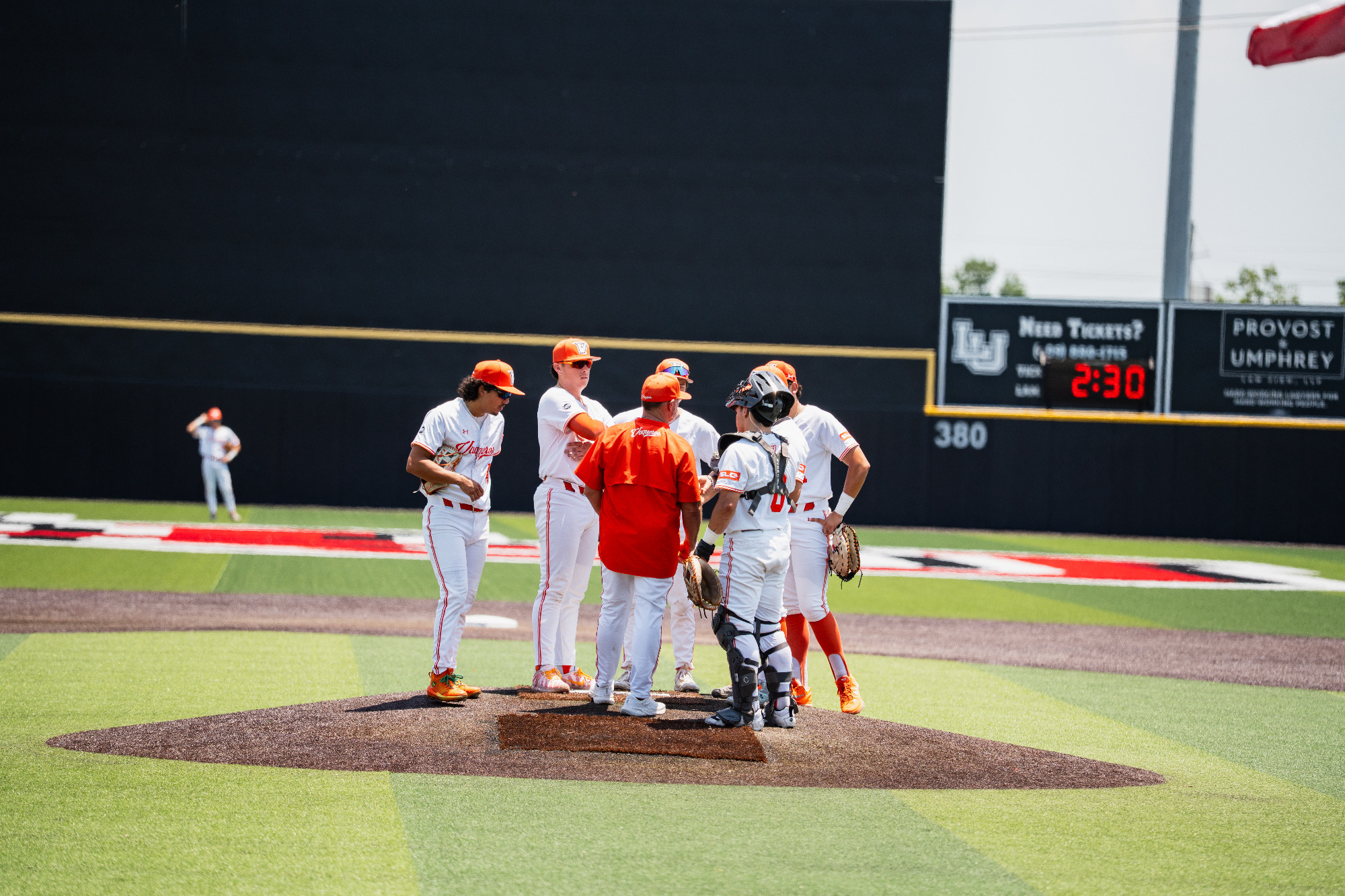 Coach Matlock makes a mound visit on May 14, 2026 at Lamar