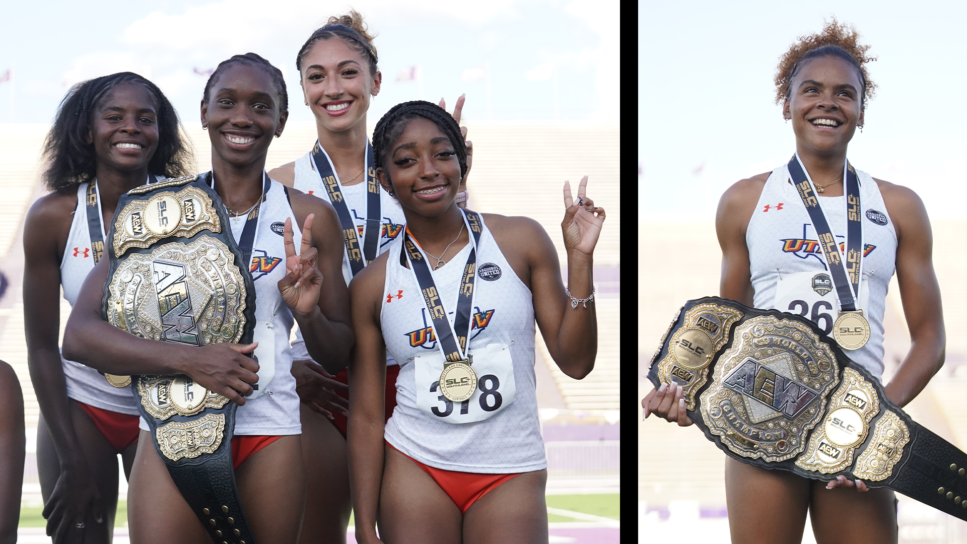 Image shows the women's 4x100-meter relay team wearing gold medals and holding a championship belt on the left with a black line split separating it from a photo on the right of Talyna Ligier wearing a gold medal and holding a championship belt.