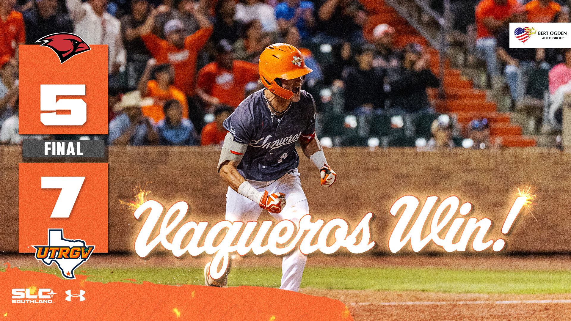 UIW Logo 5 Final 7 UTRGV Logo Vaqueros Win! over photo of Rocco Garza Gongora in a gray top, white pants, and orange helmet screaming while running toward first from home
