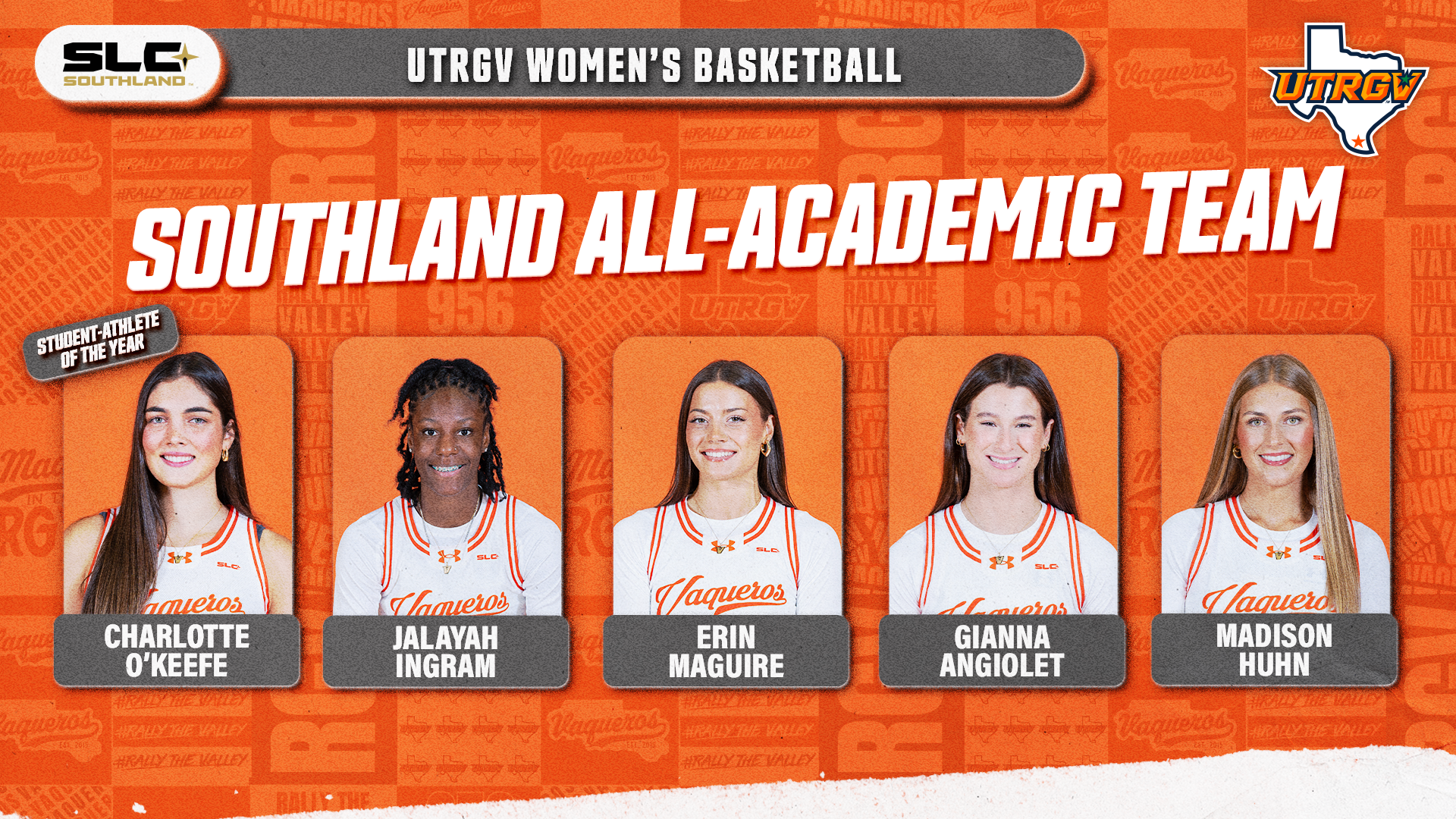 Image is an orange graphic that reads Southland All-Academic above five headshots of Charlotte O'Keefe, Jalayah Ingram, Erin Maguire, Gianna Angiolet and Madison Huhn of the UTRGV women's basketball team. O'Keefe's headshot has a gray marker in the top right corner that reads Student-Athlete of the Year.