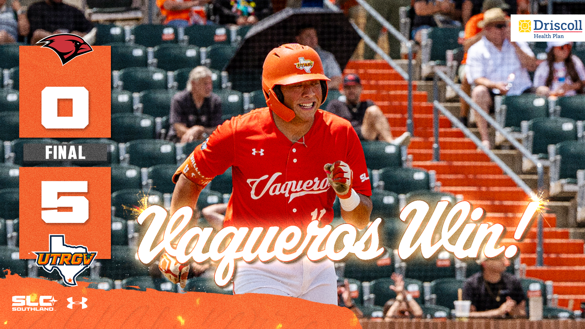 UIW Logo 0 Final 5 UTRGV Logo Vaqueros Win! over photo of Armani Raygoza smiling while running toward first