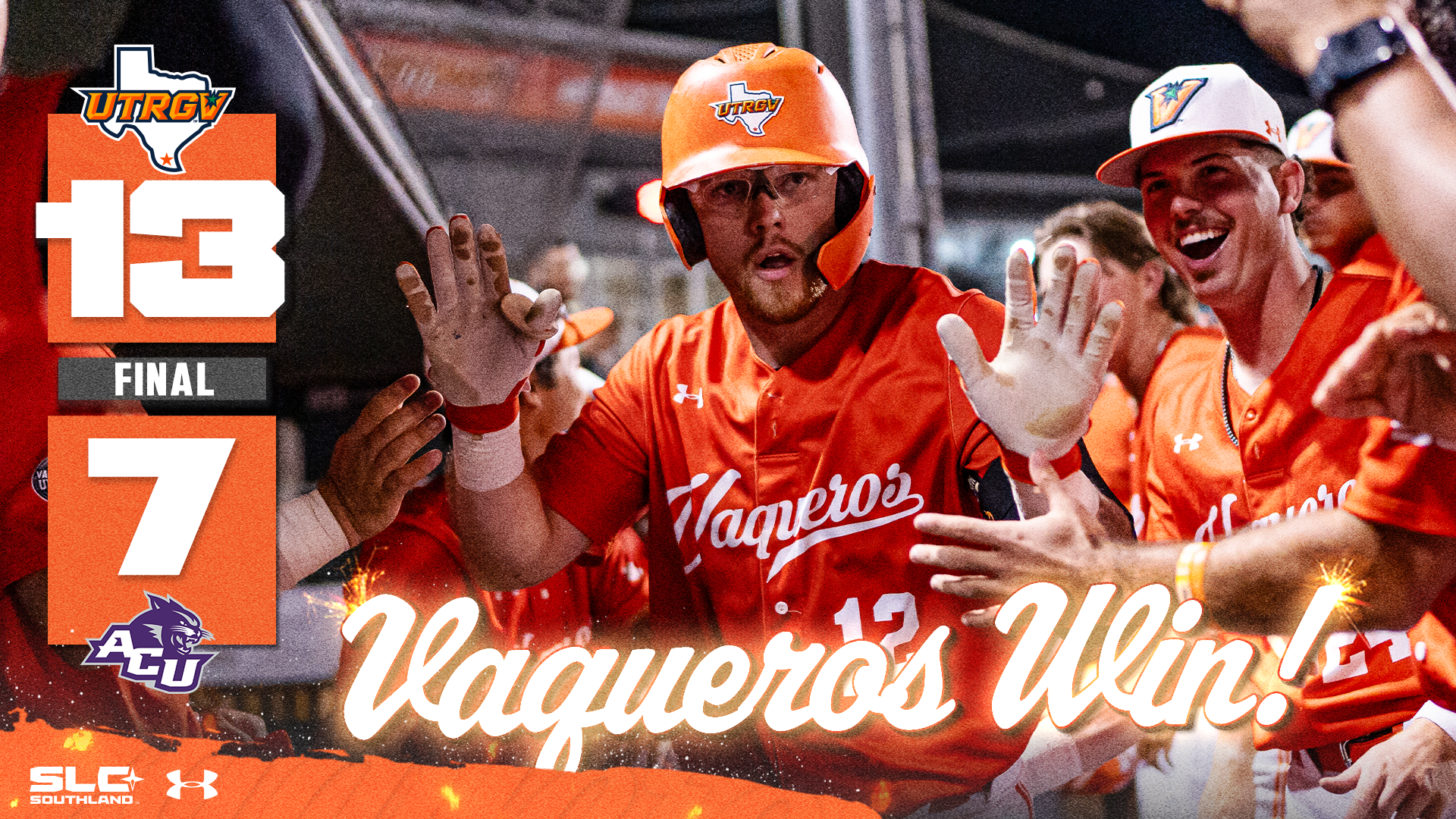 Image in Background: Andrew Taylor high-fiving teammates in dugout after hitting a home run | Info on Graphic | UTRGV Baseball 13 | Abilene Christian 7 | Vaqueros Win