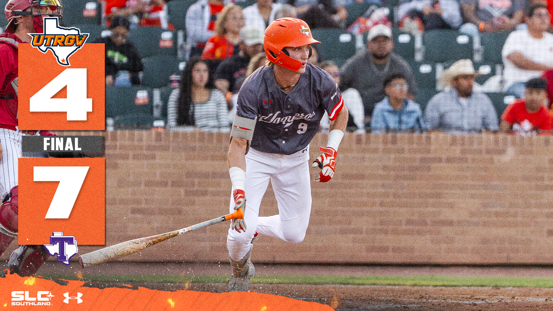 UTRGV over Texas logo 4 FINAL 7 Tarleton State logo over a picture of Rocco Garza Gongora dropping his bat after a hit and running to first