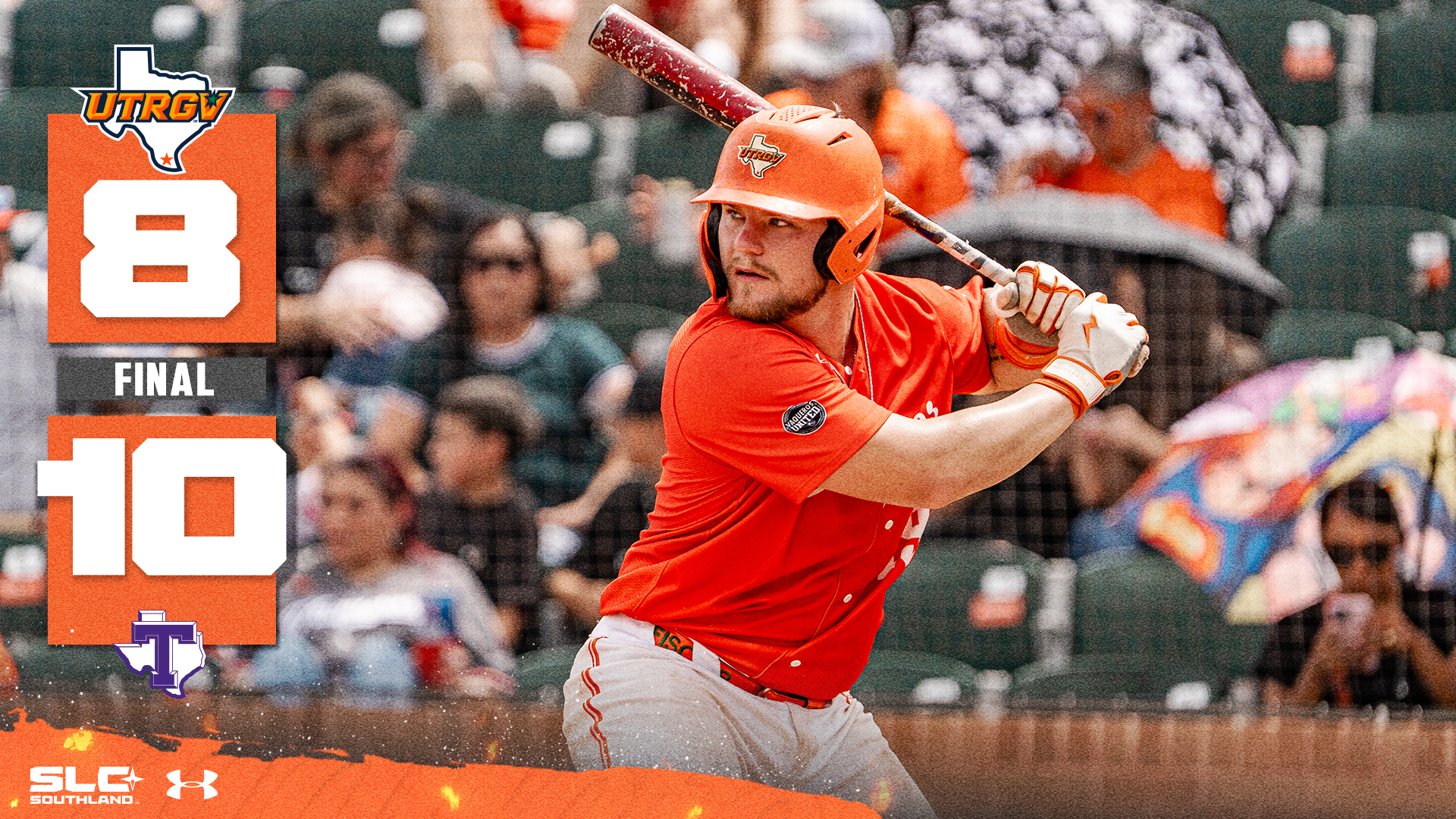 UTRGV over Texas logo 8 FINAL 10 Tarleton State logo over a picture of Chayton Fischer batting