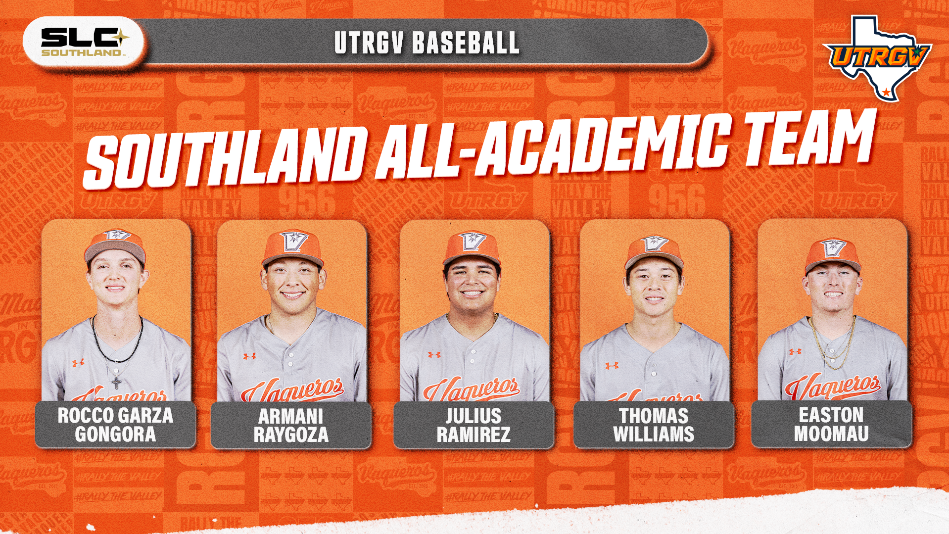Southland All-Academic Team UTRGV Baseball Rocco Garza Gongora, Armani Raygoza, Julius Ramirez, Thomas Williams, Easton Moomau