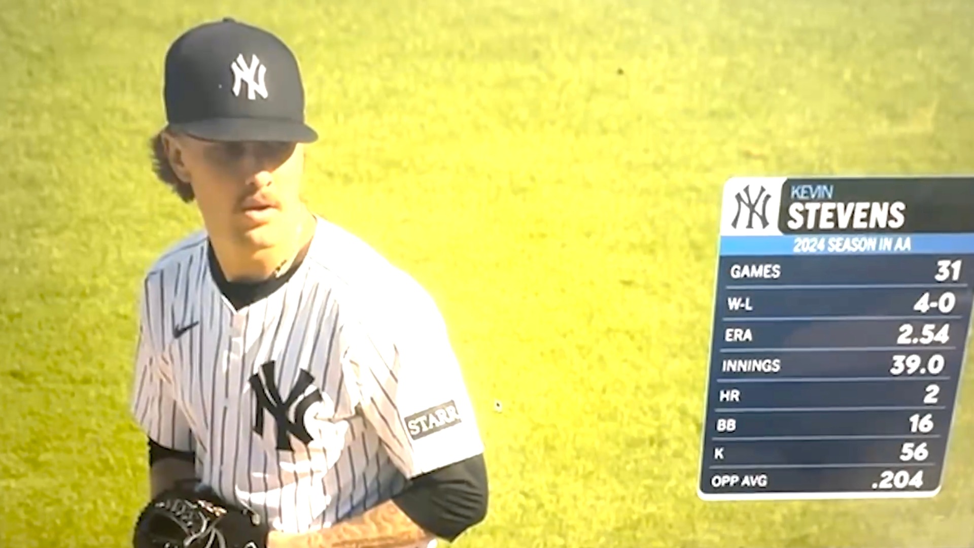 Kevin Stevens in a New York Yankees uniform during 2024 Spring Training with a YES Network stats graphic on the right saying Kevin Stevens 2024 Season in AA Games 31 W-L 4-0 ERA 2.54 Innings 39.0 HR 2 BB 16 K 56 Opp Avg .204