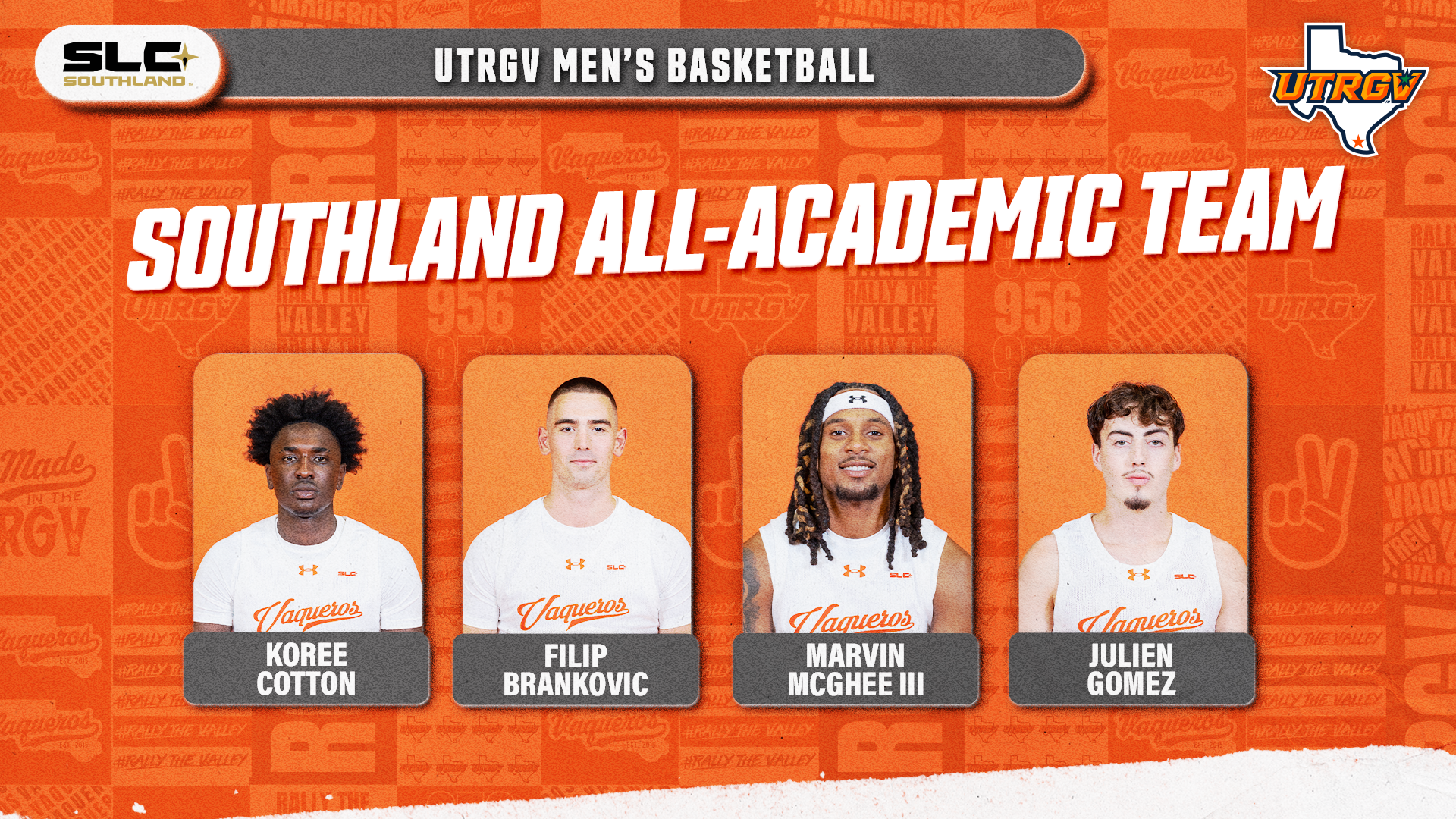 Koree Cotton, Filip Brankovic, Marvin McGhee III, and Julien Gomez were named to the Southland Conference (SLC) 2025-26 Men’s Basketball All-Academic Team Photos of Koree Cotton, Filip Brankovic, Marvin McGhee III, and Julien Gomez