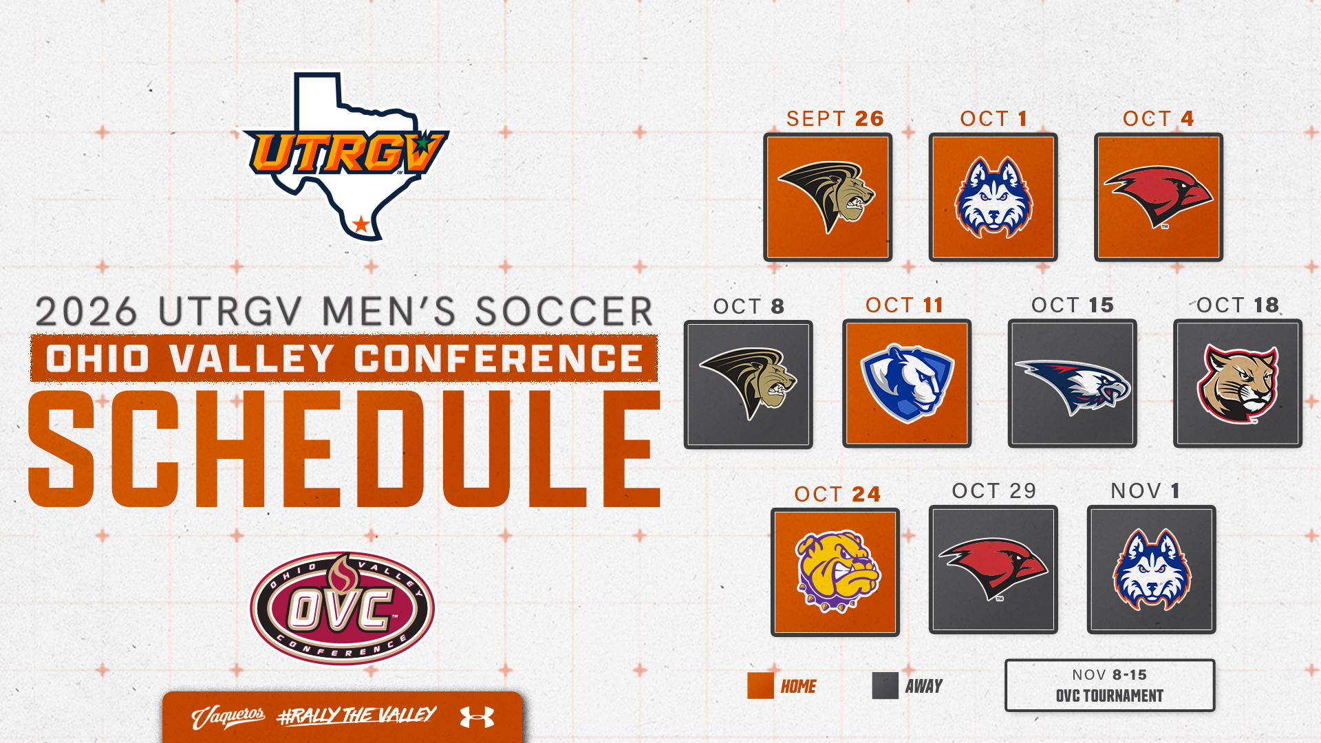 Graphic displaying UTRGV Men's Soccer Conference Schedule | Info: 2026 UTRGV Men's Soccer Ohio Valley Conference Schedule | Sept. 26 vs. Lindenwood | Oct. 1 vs. Houston Christian University | Oct. 4 vs. UIW | Oct. 8 at Lindenwood | Oct. 11 vs. Eastern Illinois | Oct. 15 at Southern Indiana | Oct. 18 at SIUE | Oct. 24 vs. Western Illinois | Oct. 29 at UIW | Nov. 1 at Houston Christian University | Nov. 8-15 at OVC Tournament