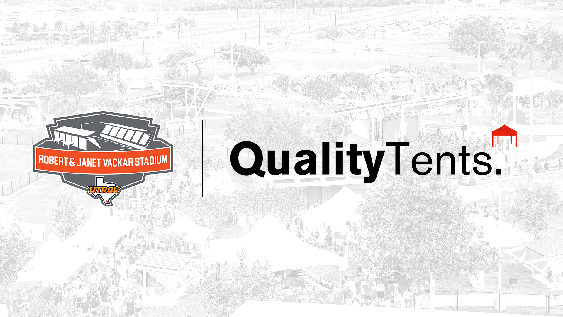 Background image is tailgating before UTRGV football game with a white mask over which are Robert & Janet Vackar Stadium Logo | Quality Tents Logo