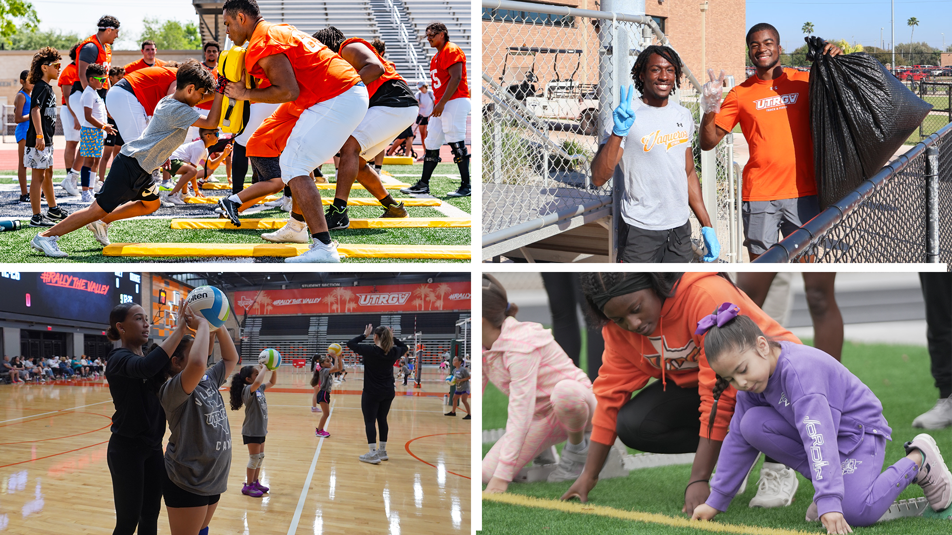 Image shows four pictures: in the top left corner, a UTRGV football player is shown holding up a large practice pad while a young camp participant pushes against it in a drill; in the top right corner, two UTRGV track & field athletes are wearing gloves and holding trash bags at a campus cleanup event; in the bottom left corner, a UTRGV volleyball athlete is fixing a young campers hands during a setting drill; in the bottom right corner, a UTRGV track & field athlete is showing a young camper how to properly place their hands and feet while learning about block starts.
