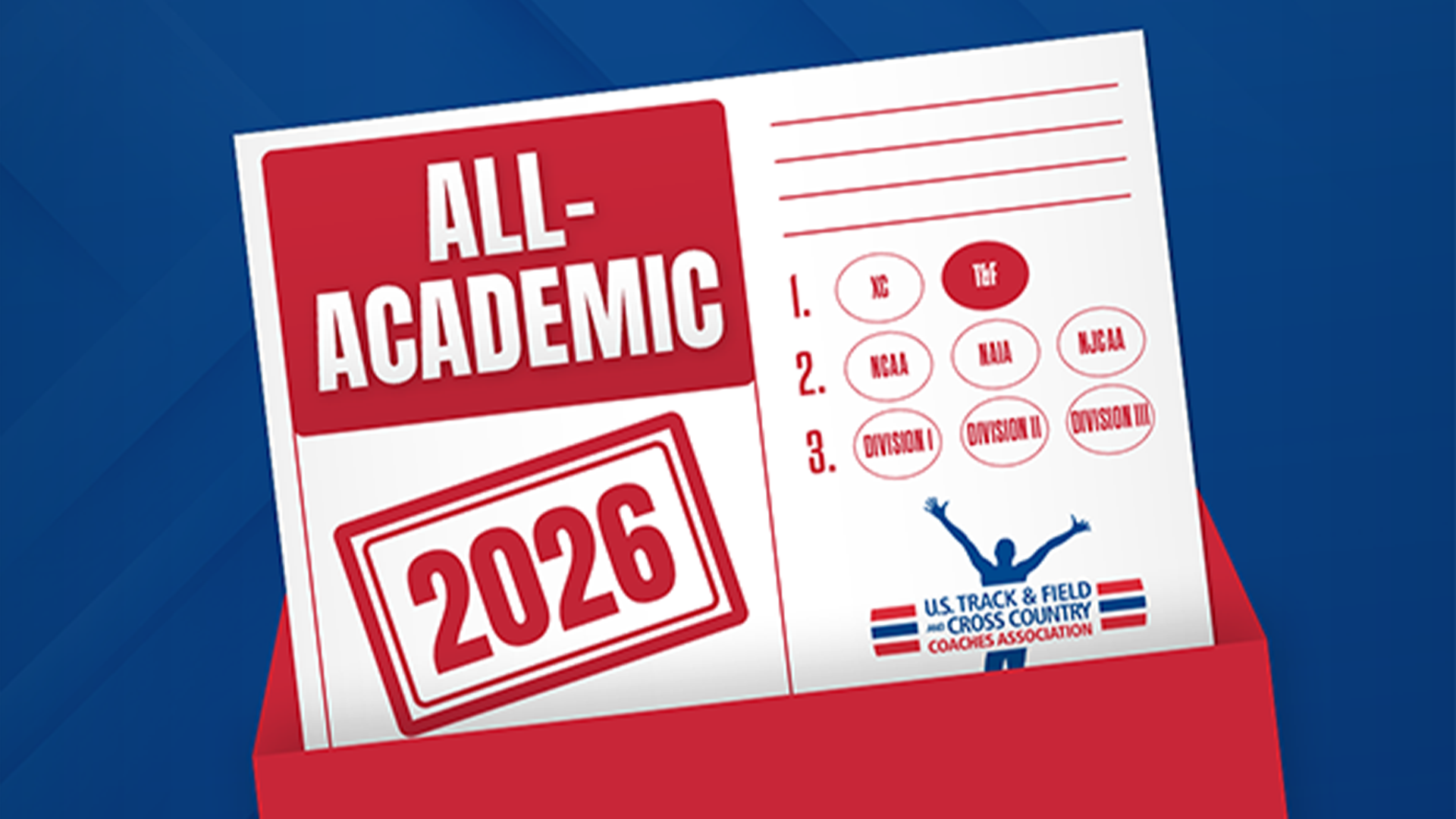 Image is a blue graphic with a red envelope opening to show a white postcard that reads All-Academic 2026 T&F with the logo for the U.S. Track & Field and Cross Country Coaches Association.