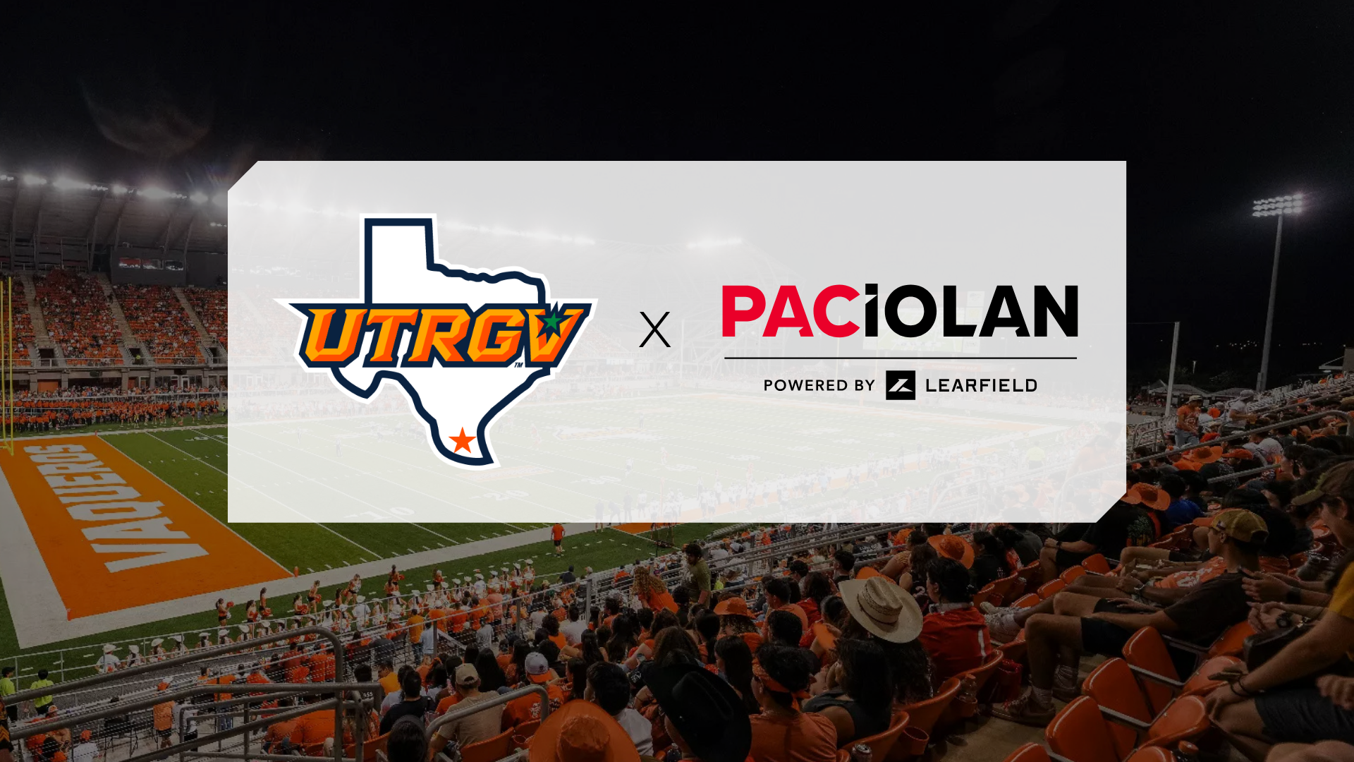 UTRGV logo X Paciolan logo over a picture of a packed Vackar Stadium