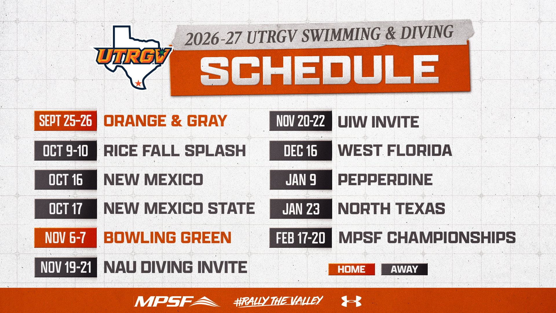 UTRGV Swimming & Diving 2026-27 Schedule graphic