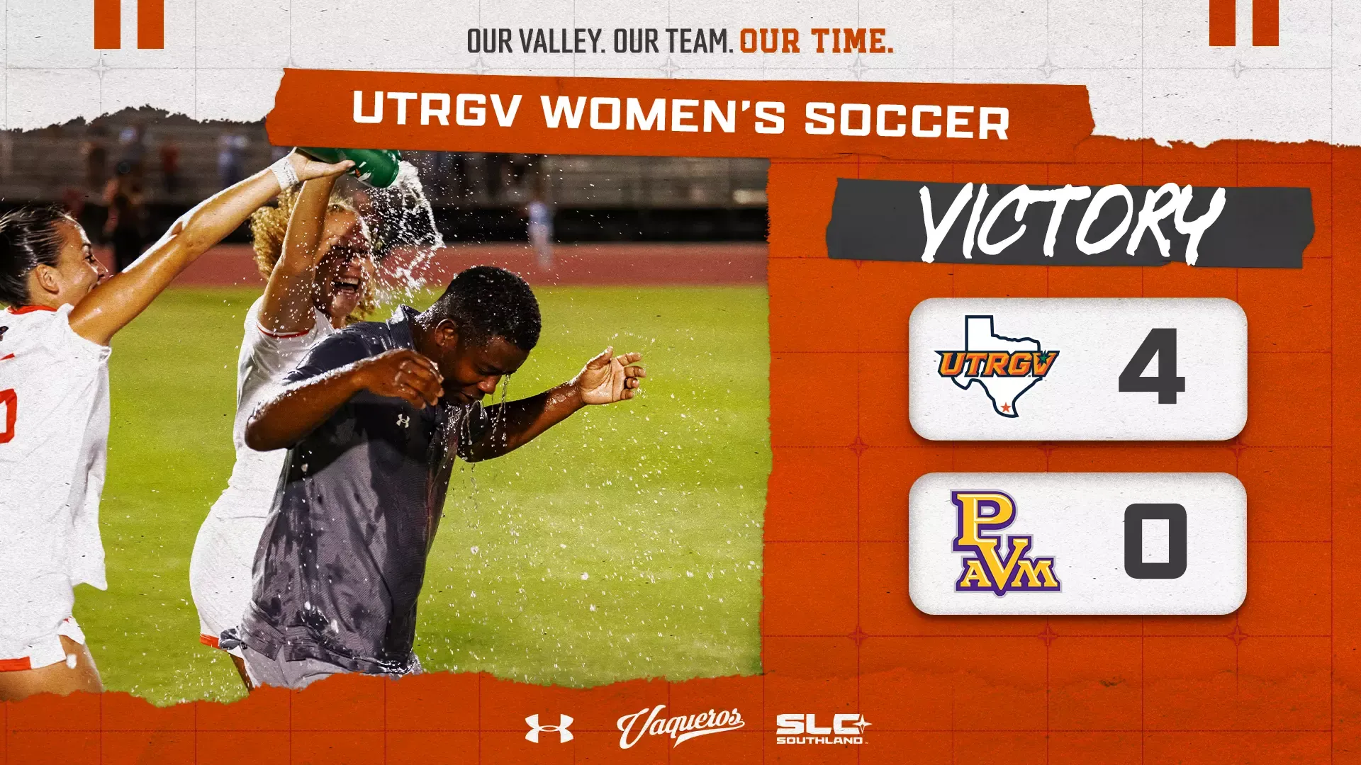 UTRGV Women's soccer | Victory | UTRGV 4, Prairie View A&M 0 graphic with coach stewart on the left 