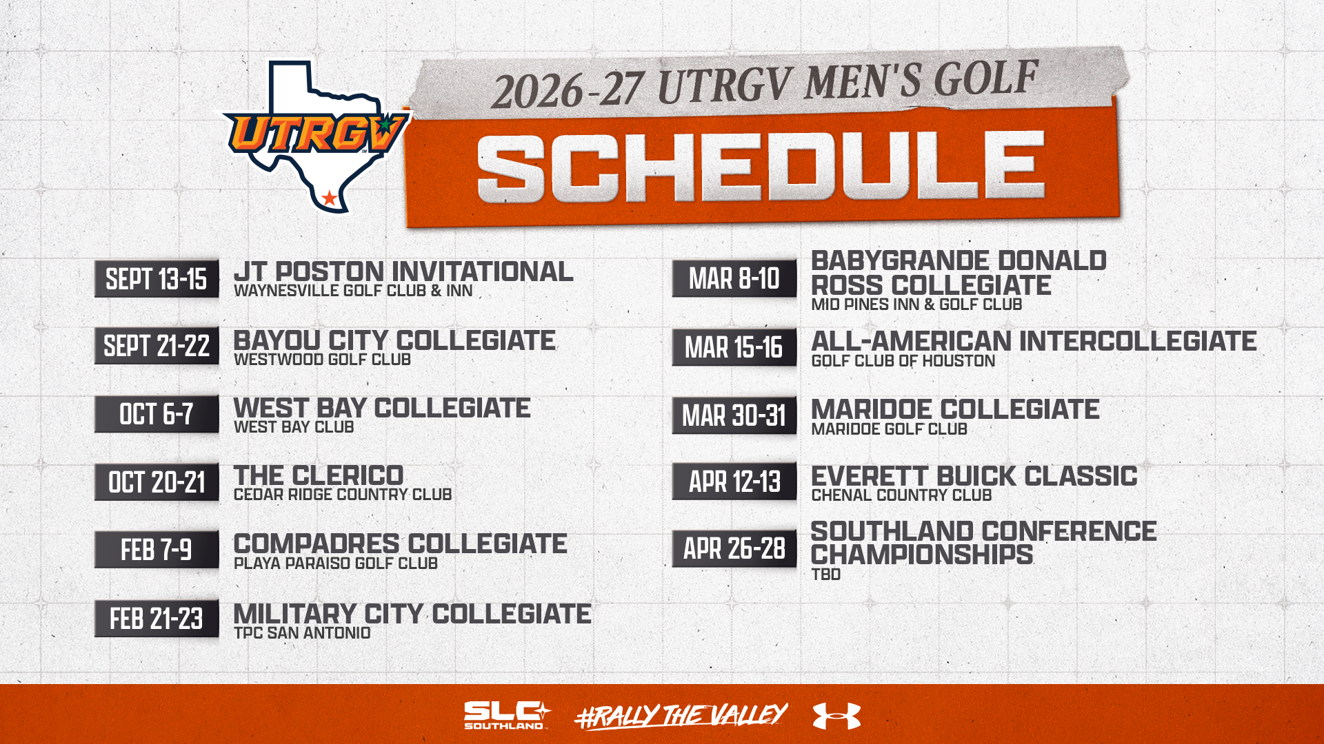 2026-27 UTRGV Men's Golf Schedule | Sept 13-15: JT Poston Invitational – Waynesville Golf Club & Inn | Sept. 21-22: Bayou City Collegiate – Westwood Golf Club | Oct. 6-7: West Bay Collegiate – West Bay Club | Oct. 20-21: The Clerico – Cedar Ridge Country Club | Feb. 7-9: Compadres Collegiate – Playa Paraiso Golf Club | Feb. 21-23: Military City Collegiate – TPC San Antonio | Mar 8-10: Babygrande Donald Ross COllegiate: Mid Pines Inn & Golf Club | Mar 15-16: All-American Intercollegiate – Golf Club of Houston | Mar 30-31: Maridoe Collegiate – Maridoe Golf Club | Apr 12-13: Everett Buick Classic – Chenal Country Club | Apr 26-28: Southland Conference Championships