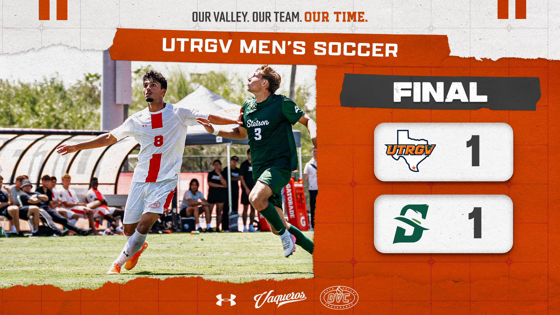 UTRGV Men's Soccer | Final | UTRGV 1, Stetson 1 | Image of Sammy Jadid on left side of graphic