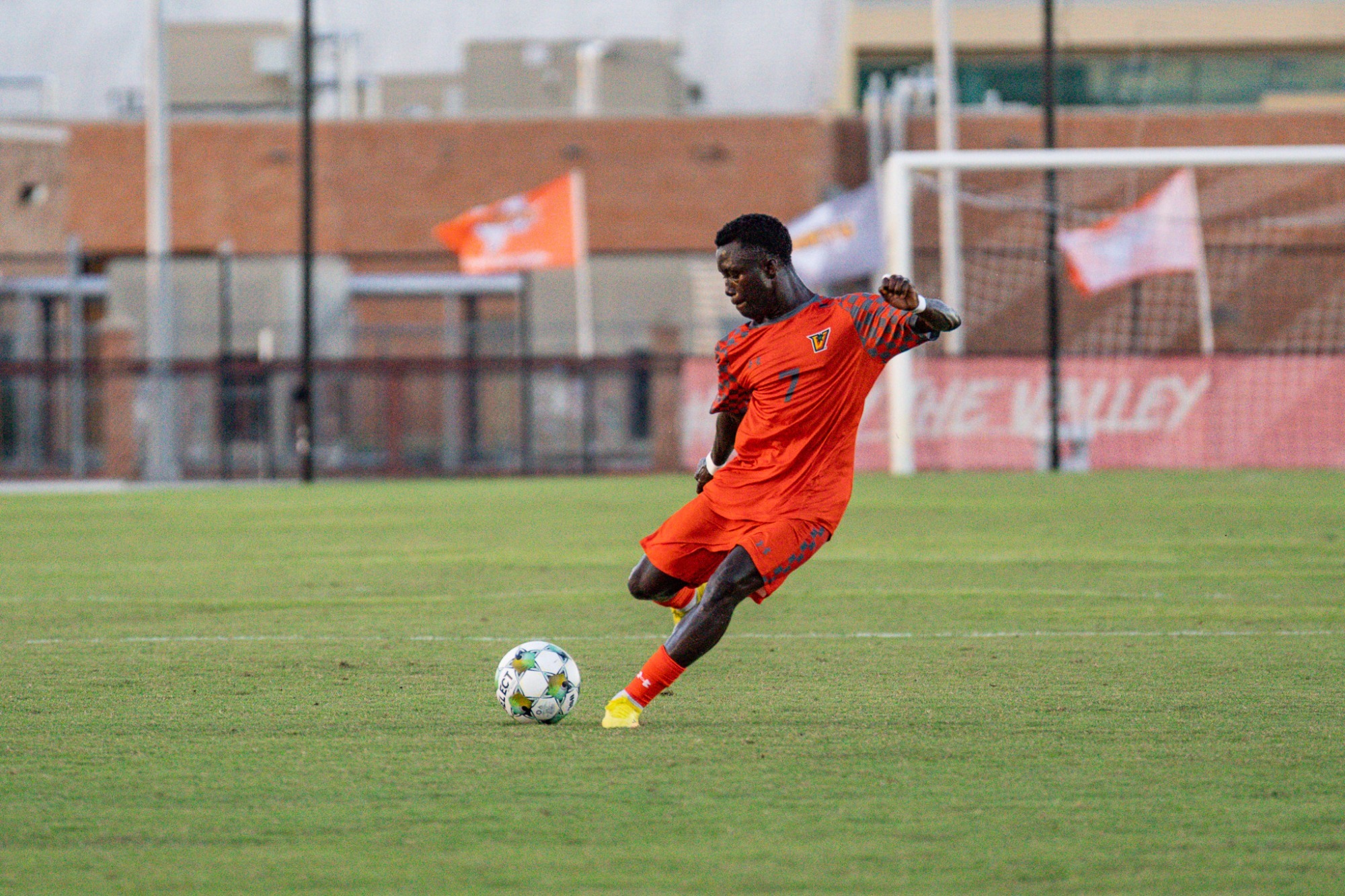 Mouhamed Pouye (#7) striking the ball during UTRGV's match with Lindenwood last season