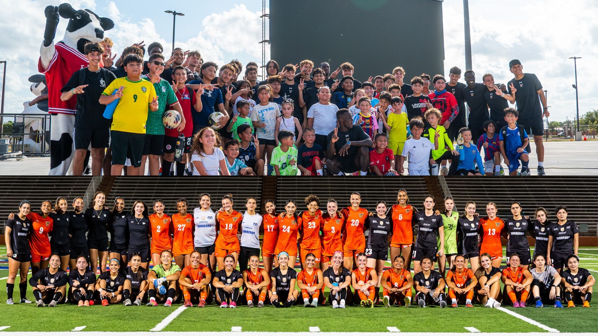 UTRGV Men's and Women's soccer programs congregate with fans and players for photos.