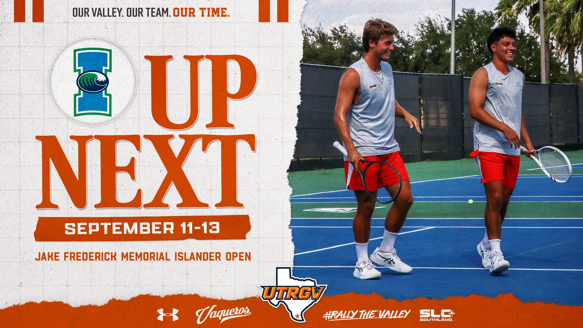 UTRGV Men's Tennis | Up Next | Jake Frederick Memorial Islander Open | Sept. 11-13 | Photo of Ivo Isqueiro and Santiago Serrano