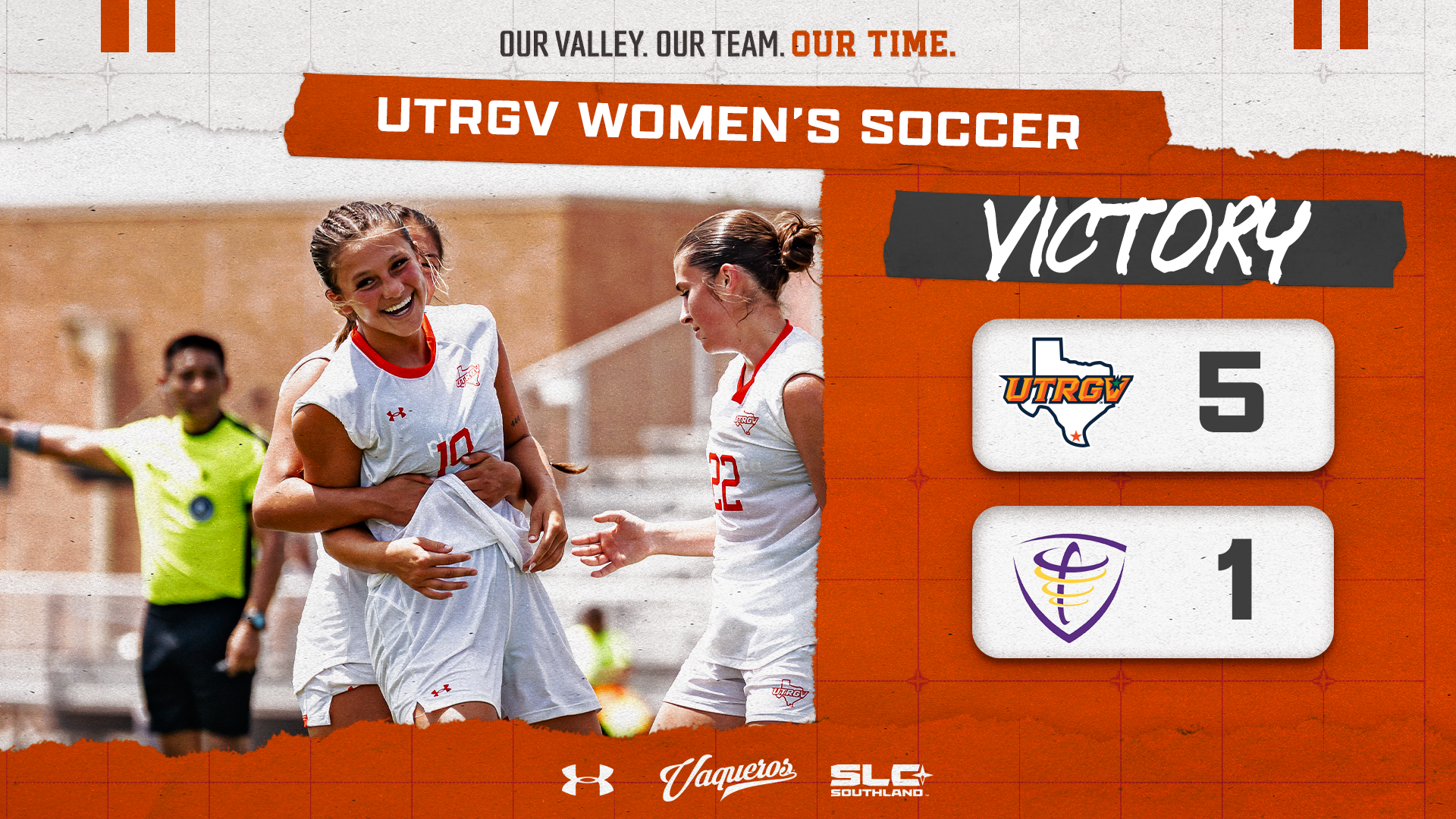 UTRGV WSoc victory graphic 5-1 vs. Concordia with Natalie Singleton in the photo