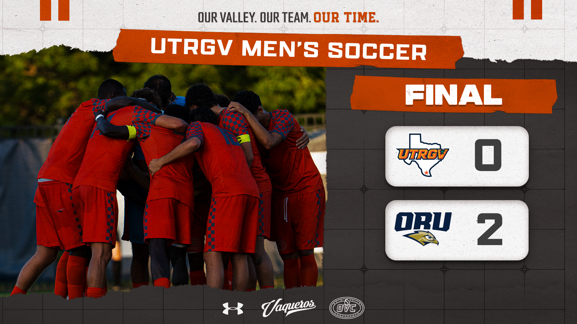 UTRGV Men's Soccer | Final | UTRGV 0, Oral Roberts 2 | Photo of Team Huddle