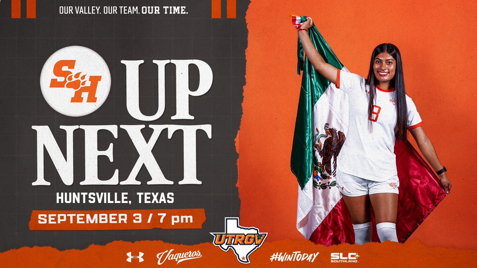 Up Next: Women's soccer at Sam Houston graphic with Amy Romero and logos 