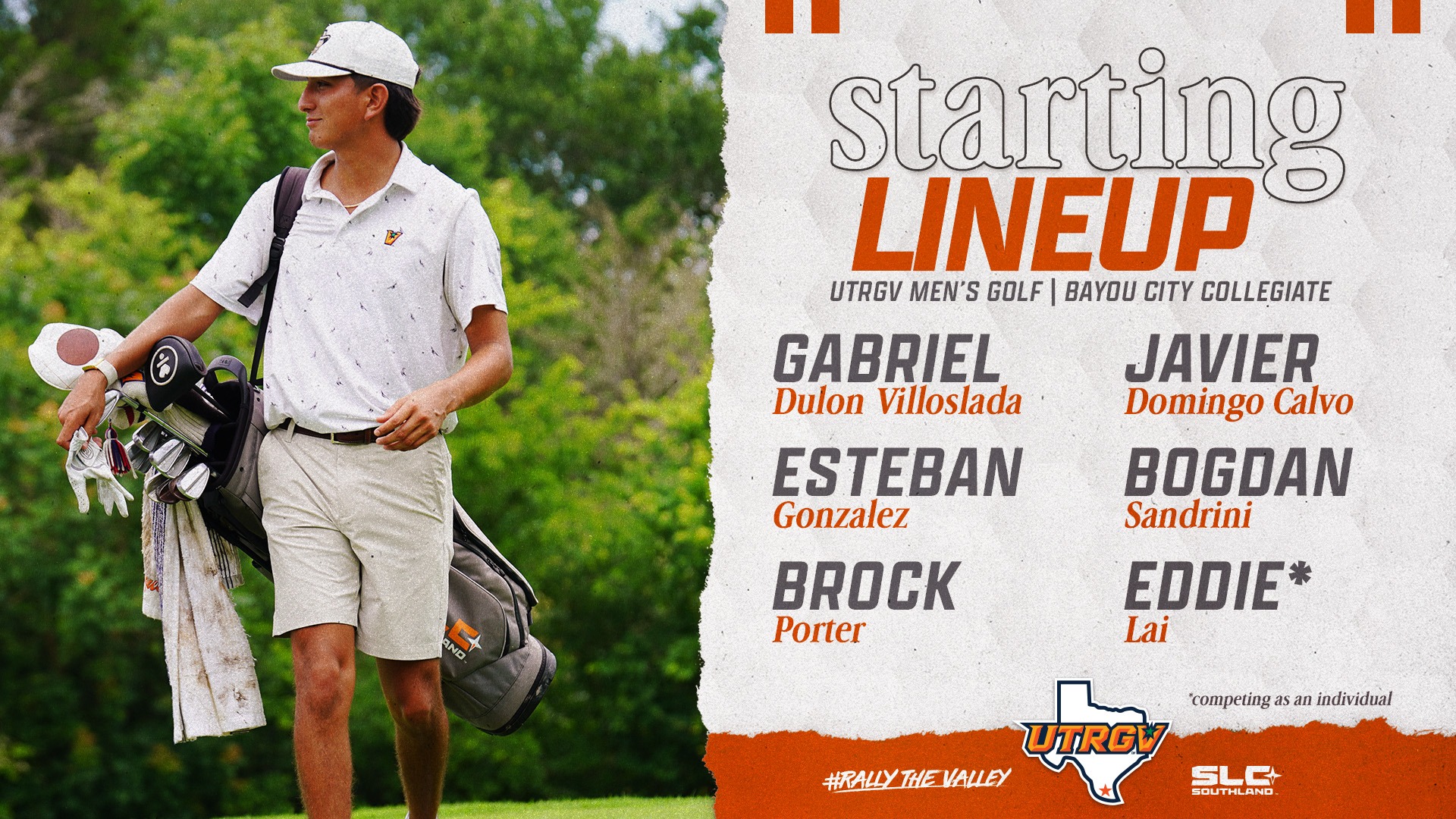 UTRGV Men's Golf | Bayou City Collegiate | Starters | Gabriel Dulon Villoslada, Esteban Gonzalez, Brock Porter, Javier Domingo Calvo, Bogdan Sandrini, Eddie Lai* | *Playing as an individual | Photo of Esteban Gonzalez
