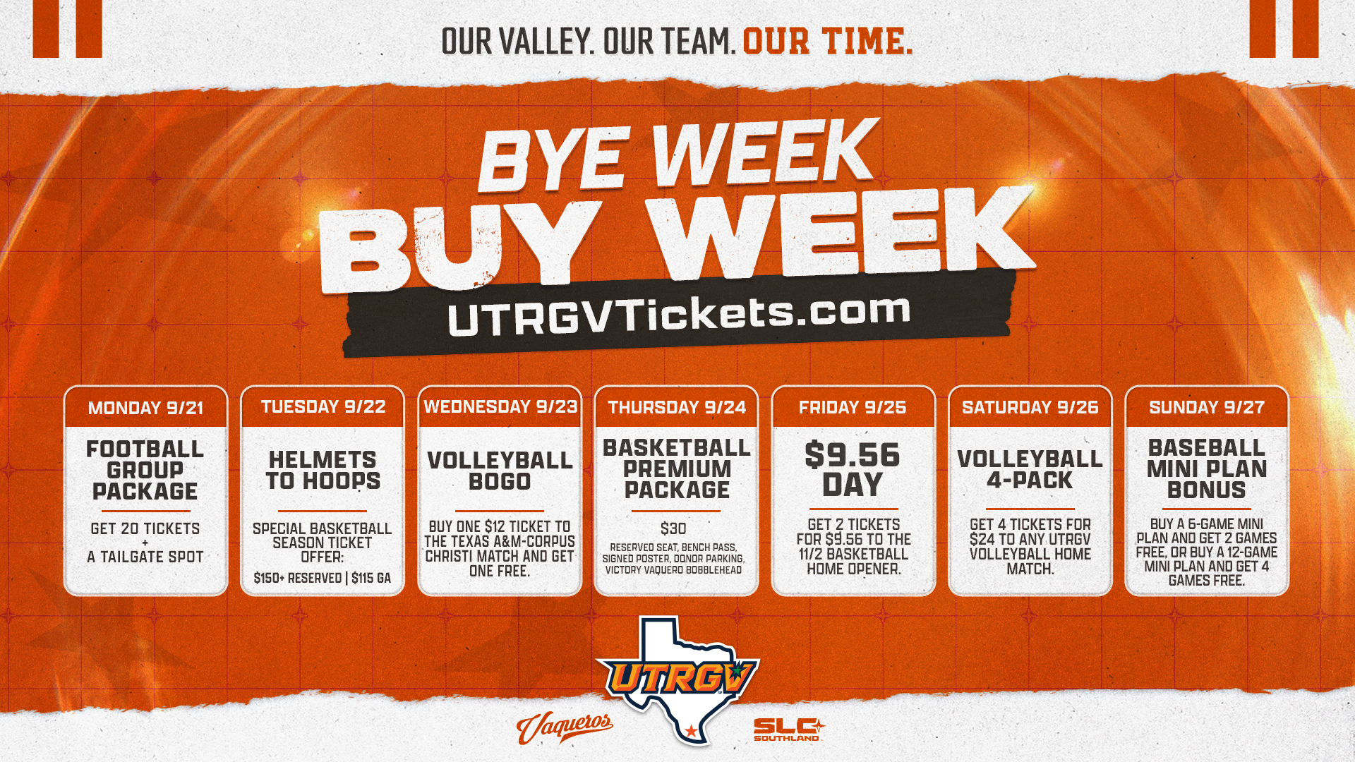 Image is a graphic that reads Bye Week, Buy Week in large letters on top with seven boxes for each day September 21 to 27 with various ticket deals listed.