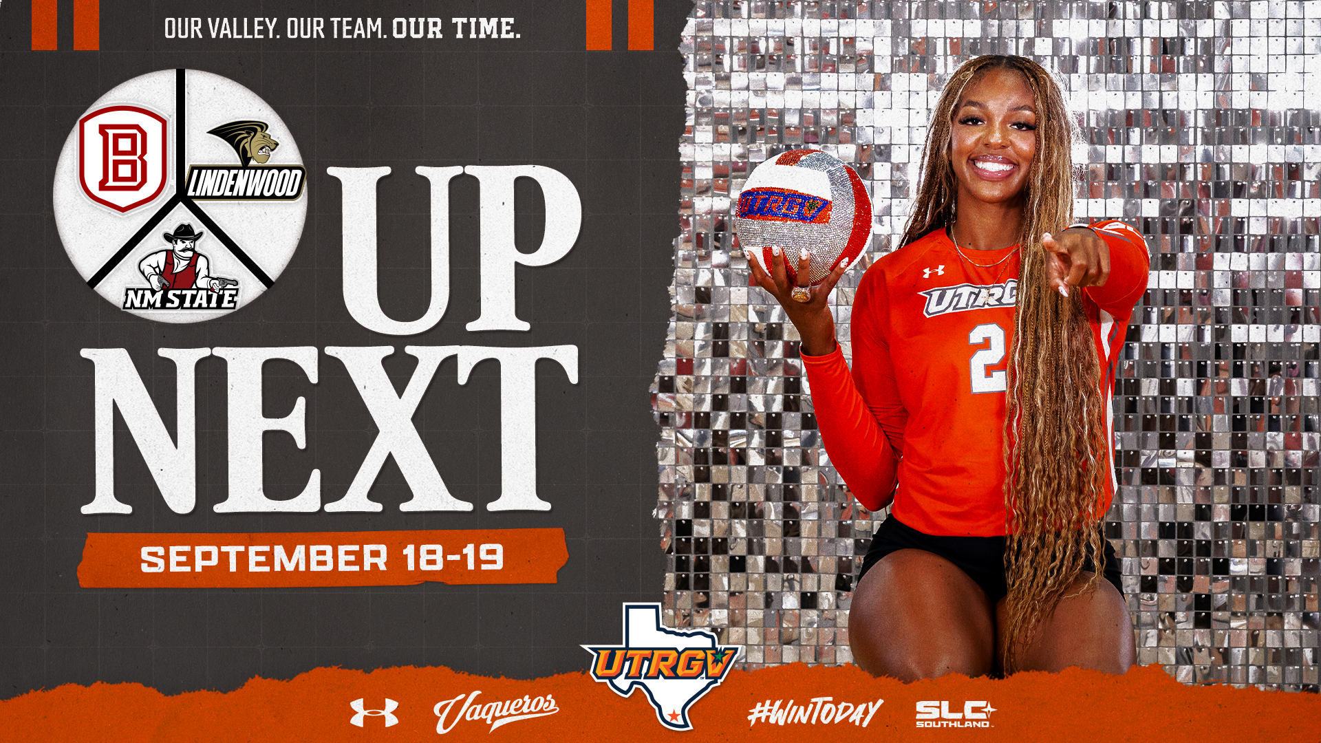 Image is a graphic with text on the left that reads UTRGV Volleyball Up Next Sept. 18-19 with Bradley, Lindenwood, and New Mexico State Logos