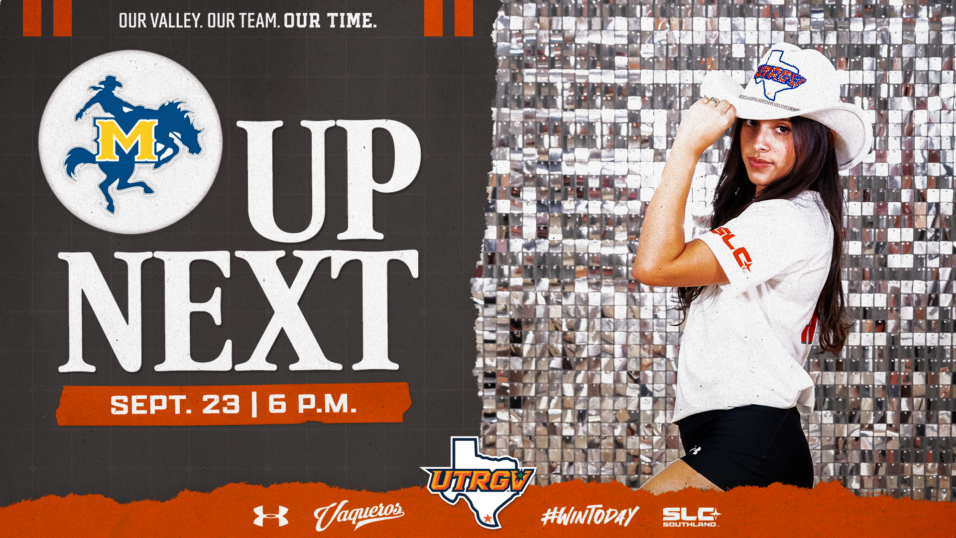 Image is a graphic with text on the left that reads UTRGV Volleyball Up Next Sept. 23 6 p.m. UTRGV Fieldhouse with a McNeese Logo and an image of a volleyball player on the right.