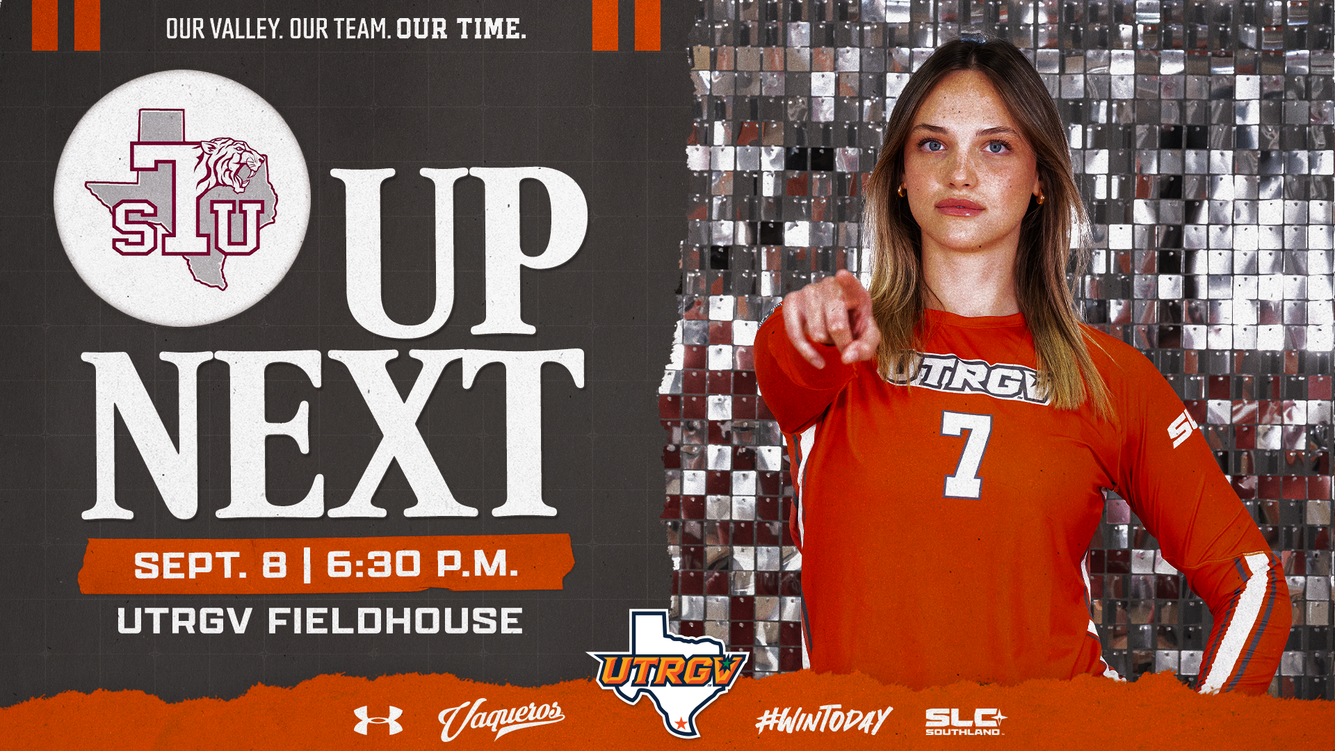 Image is a graphic with text on the left that reads UTRGV Volleyball Up Next Sept. 8 6:30 p.m. UTRGV Fieldhouse with a Texas Southern Logo and an image of a volleyball player on the right.