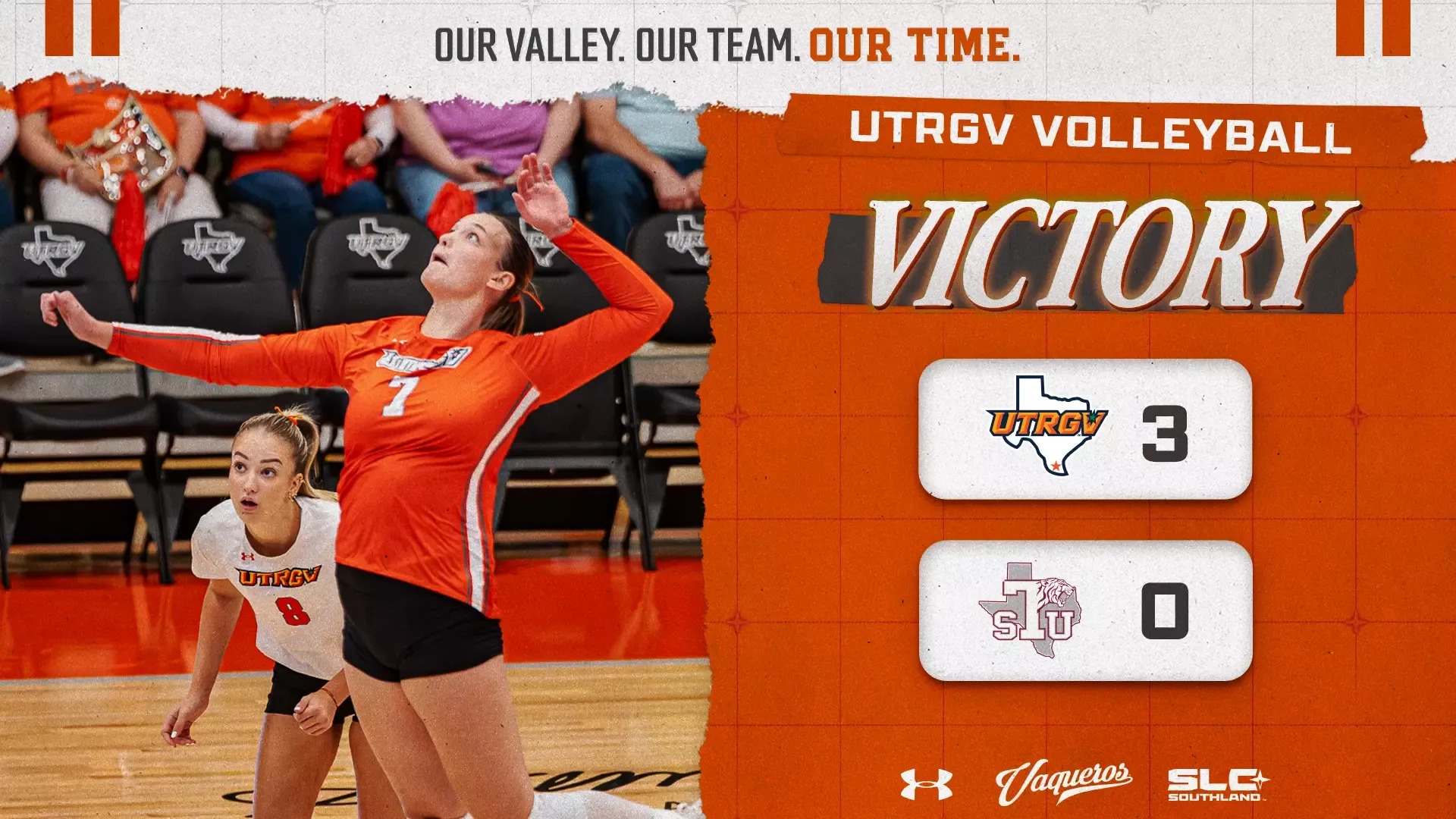 Image is a graphic that reads UTRGV Volleyball Victory UTRGV 3, Texas Southern 0 with UTRGV, TSU, SLC logos and Ema Petkovic