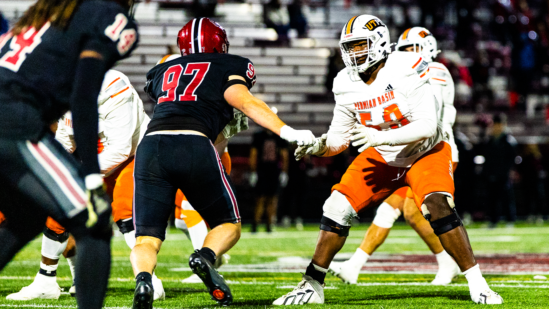 UTPB football player pass protecting