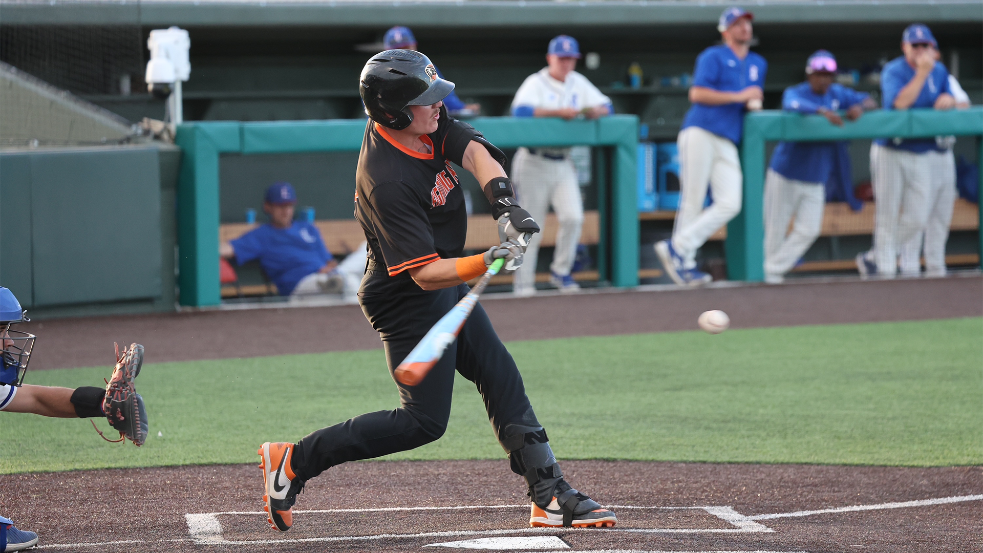UTPB baseball player hits the ball